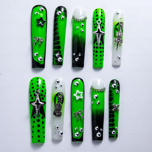 IntoVibes 10 Pieces Handmade Luxury Punk Style Long Press On Nails With Square Design, Guitar And Bow Tie, Green Thickened False Nails, Reusable Fake Nails, Acrylic Nails (M)