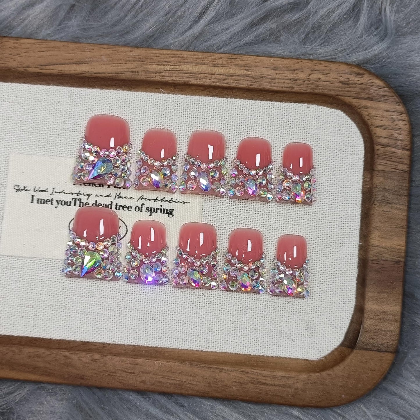 TENPAL 10Pcs Handmade Coffin Nails Kits,DuckBill Press On Nails With Tools,Icy Pink French Tip Fake Nails with Full Crystals Designs,Glitter Edgy Sweet Cool Acrylic Glue on Nails Short for Party(S)