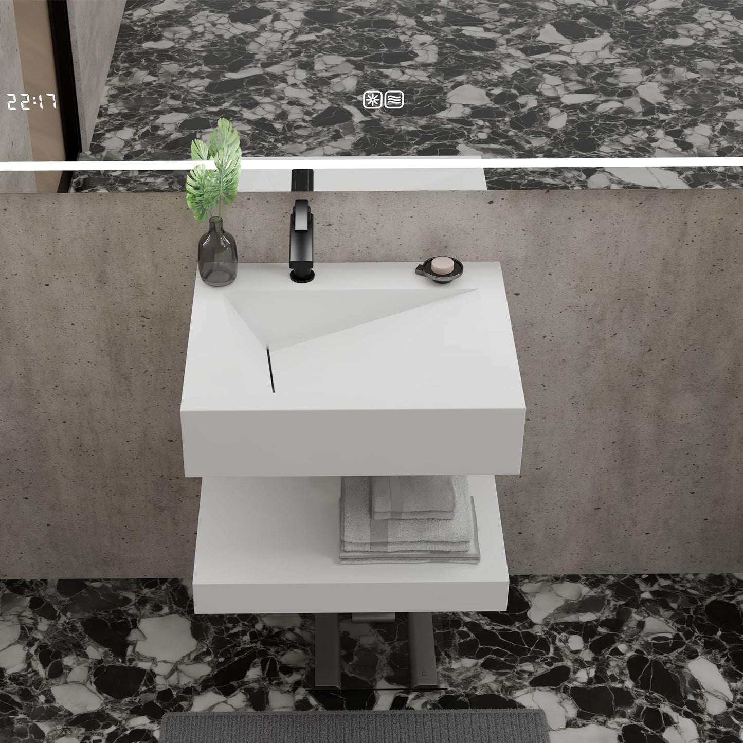 QJ&XY Resin Bathroom Sink 24" Wall Mounted V-Shaped White Basin Floating Vanity Vessel Sink in Soft-Touch Finish (Double Tier)