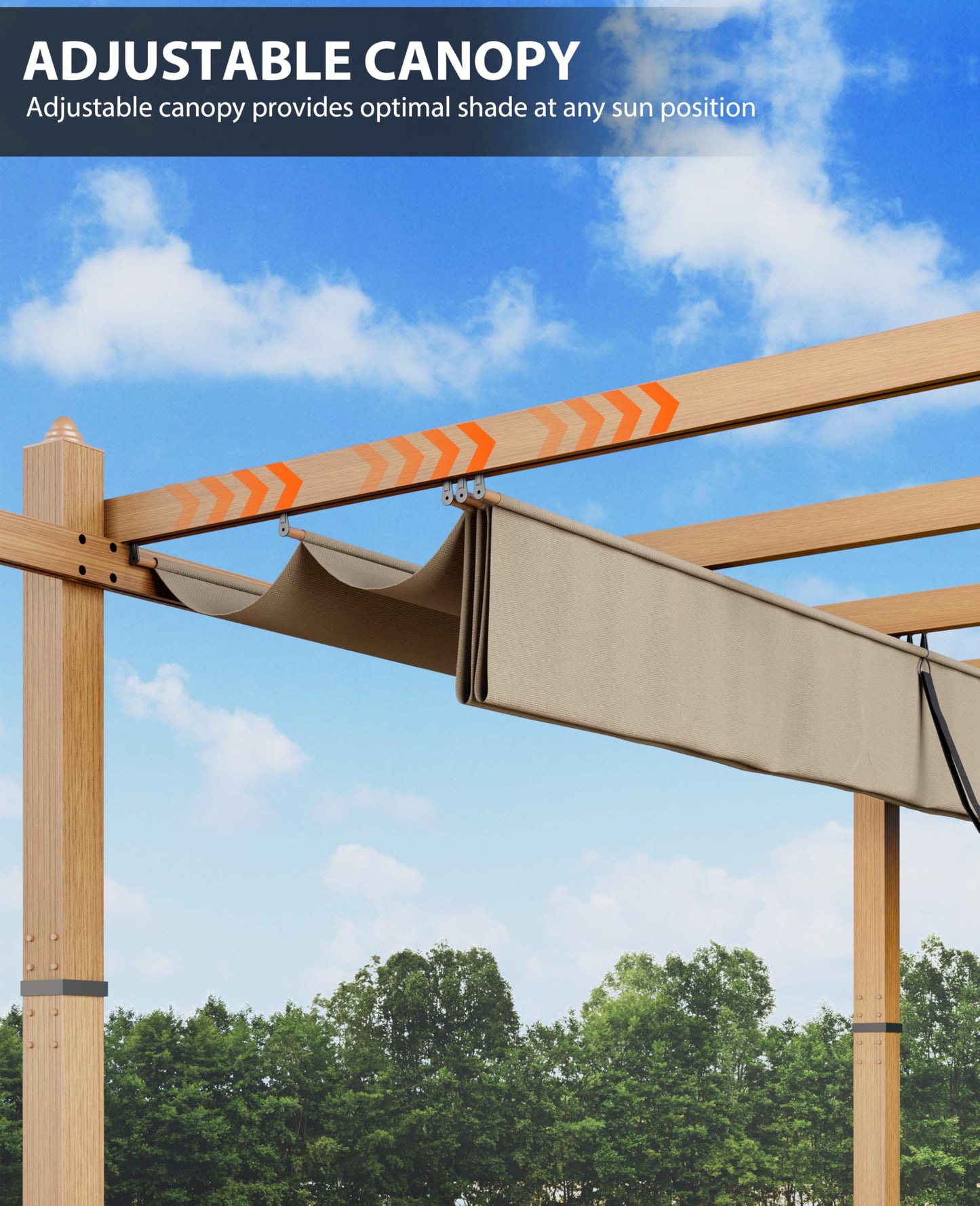 Garvee 10x10 ft Outdoor Pergola with Retractable Canopy – Upgraded Aluminum Faux Wood Grain Metal Patio Pergola for Modern Backyard Deck, Porch, Grape Trellis in Khaki