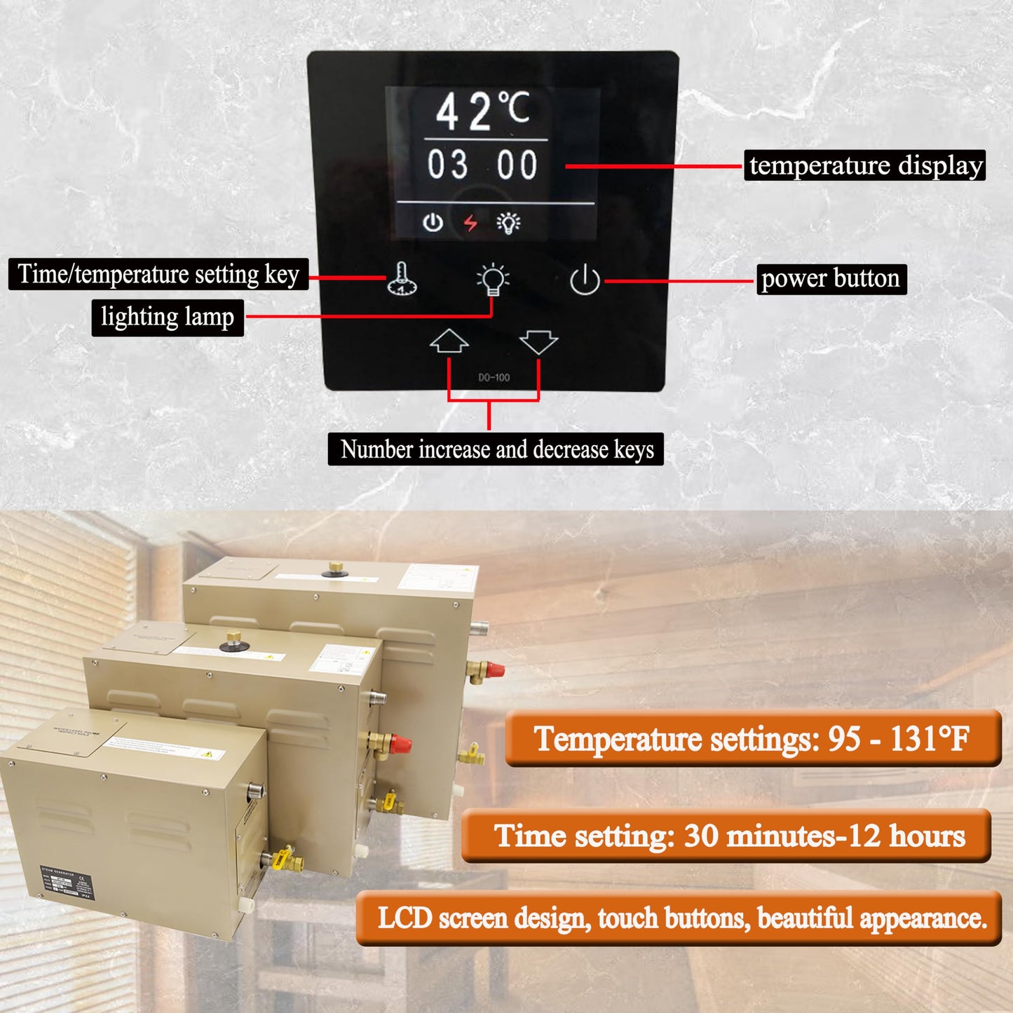 JJFFTAO,Steam shower generator,15kw Household-Commercial,Steam shower generator kit,with self-draining system,Temperature adjustable 95-131°F,Applicable space 420～560ft3