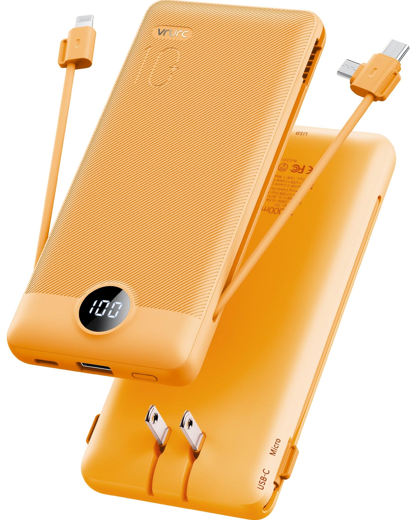 VRURC Portable Charger Built-in Cables and AC Wall Plug, USB C Power Bank 10000mAh, Travel Battery Phone Charger Compact Lightweight External Battery Pack for Smart Phones, Tablets etc-Orange