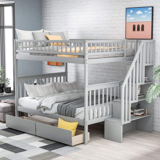 Favfurish Full-Over-Full Bunk Bed with Two Drawers and Storage,Wood Bed-Frame W/High Guardrail & Inclined Handrails,Bedroom Furniture for Children,Teens,Adults,Gray