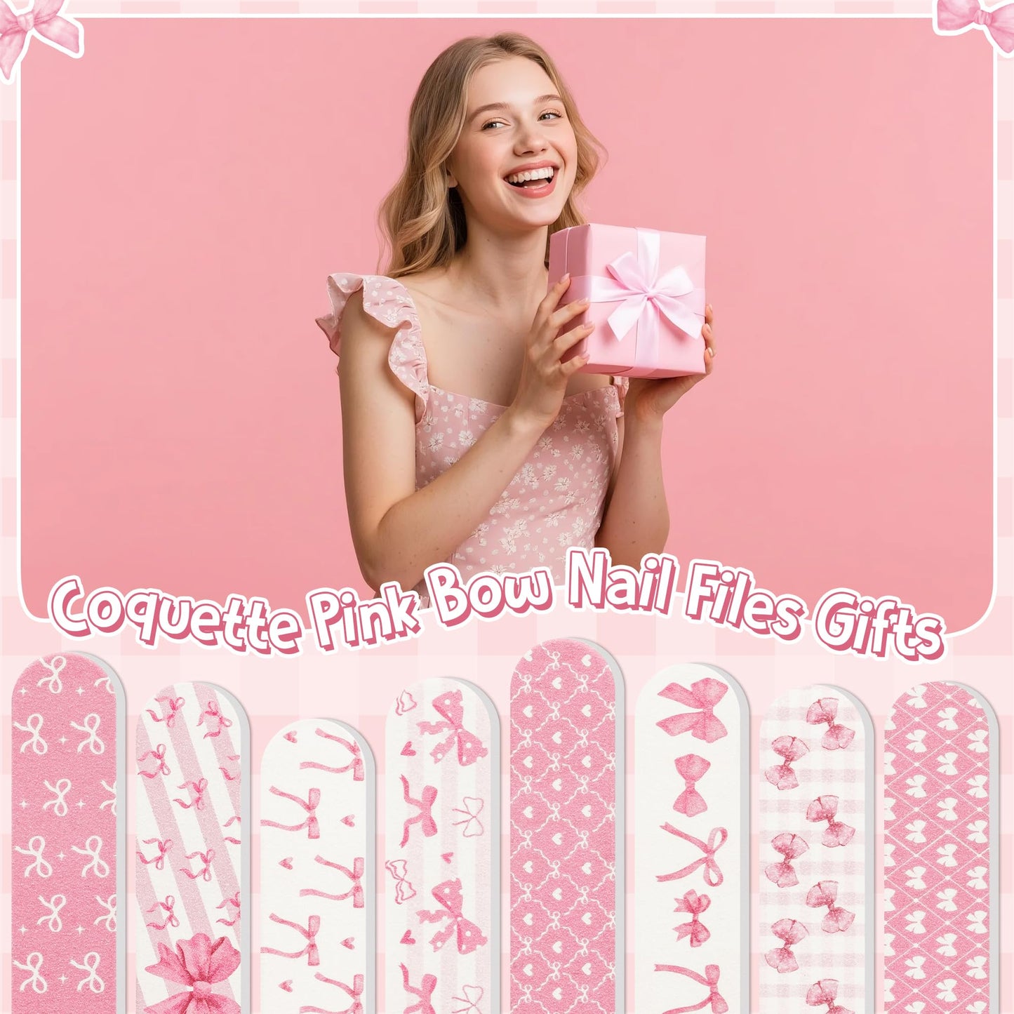 H1vojoxo Coquette Pink Bow Nail Files - 48pcs Coquette Pink Bow Double Sided Emery Boards for Girl’s Birthday Gifts Spa Party Emery Boards for Women Employee Coworkers Staff Wedding Party Nail Files