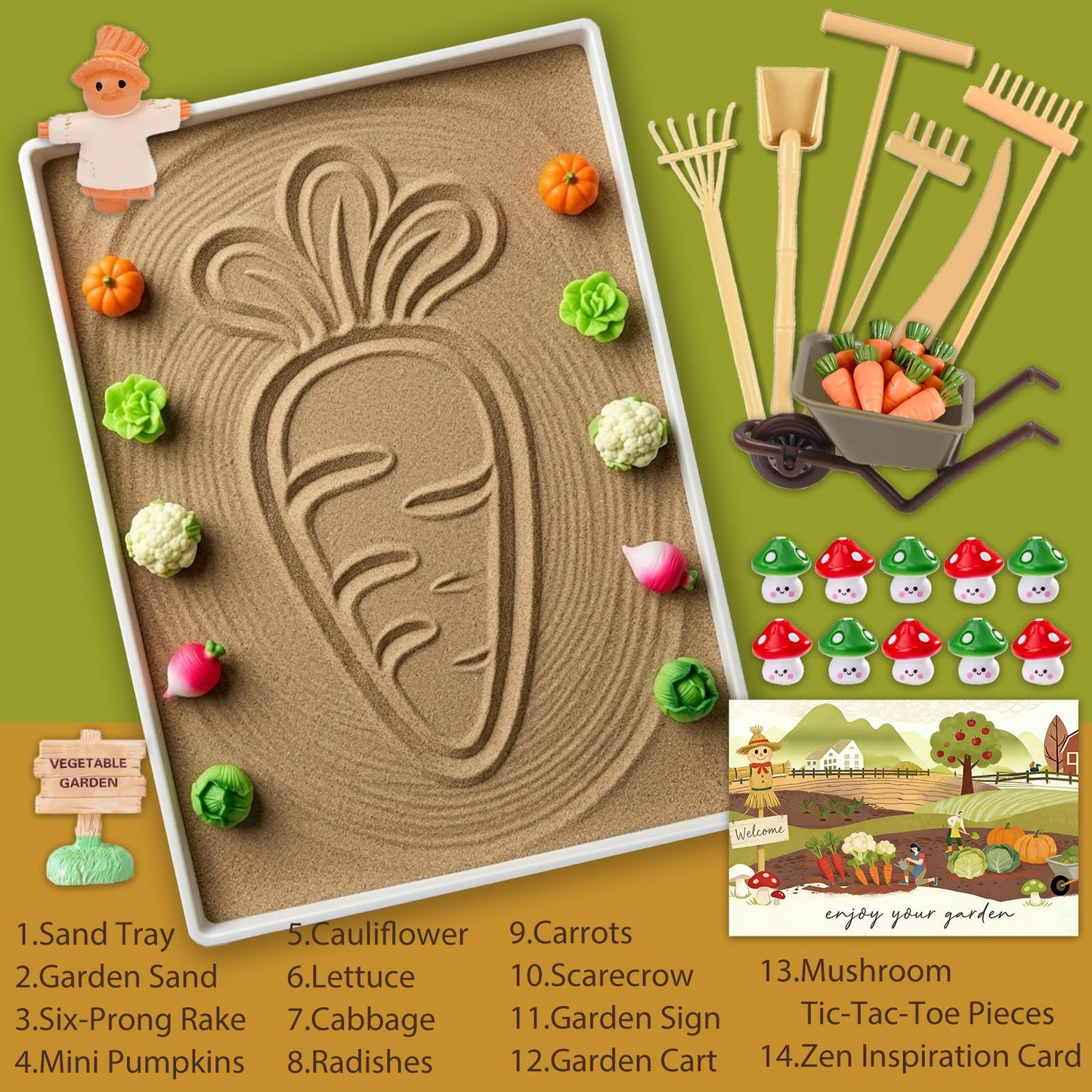 Akisola Zen Garden for Desk, Vegetable Gardening Themed Sand Tray Therapy Kit for Office - Miniature Garden Models, Mushroom Tic-Tac-Toe, Stress Relief & Mindfulness Activity for Office & Home Decor
