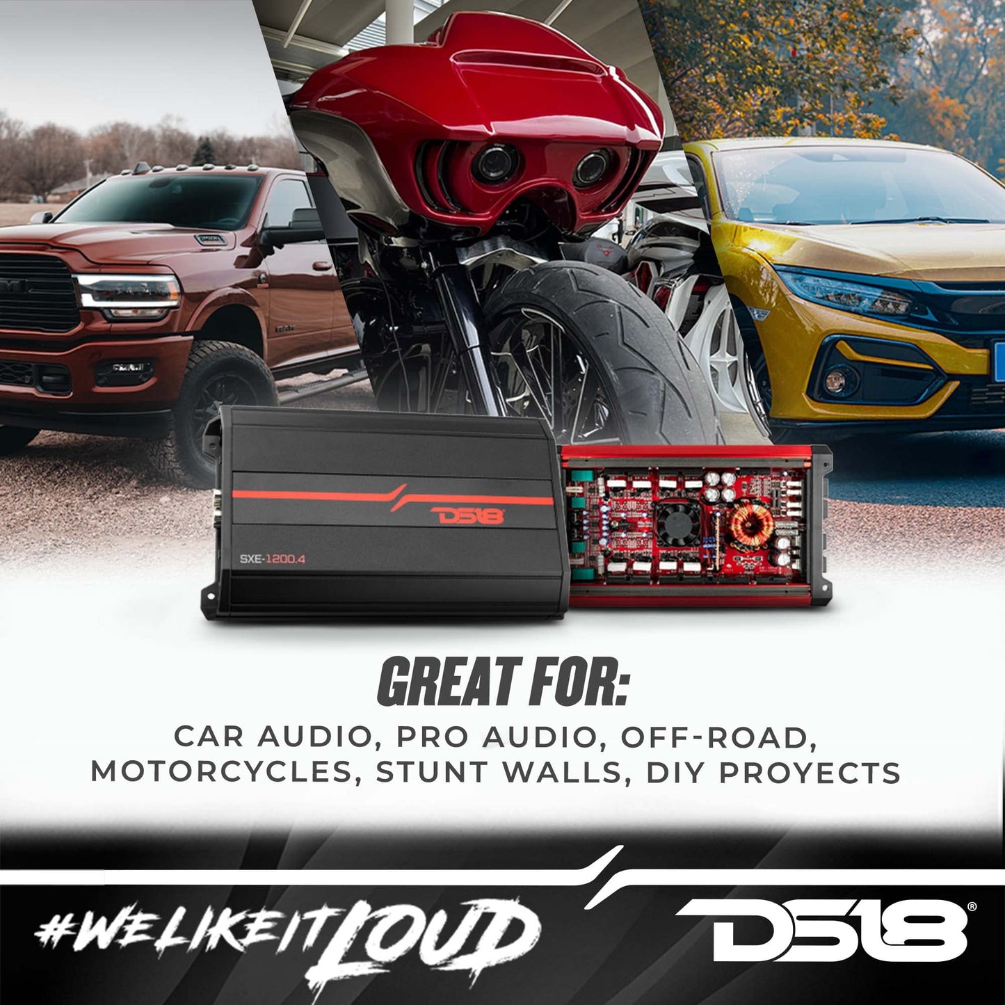 DS18 SXE-1200.4/RD Car Amplifier Stereo Full-Range Class A/B 4-Channel 60x4 RMS @4 OHM 1200 Watts - Powerful and Compact Amp for Speakers in Car Audio System