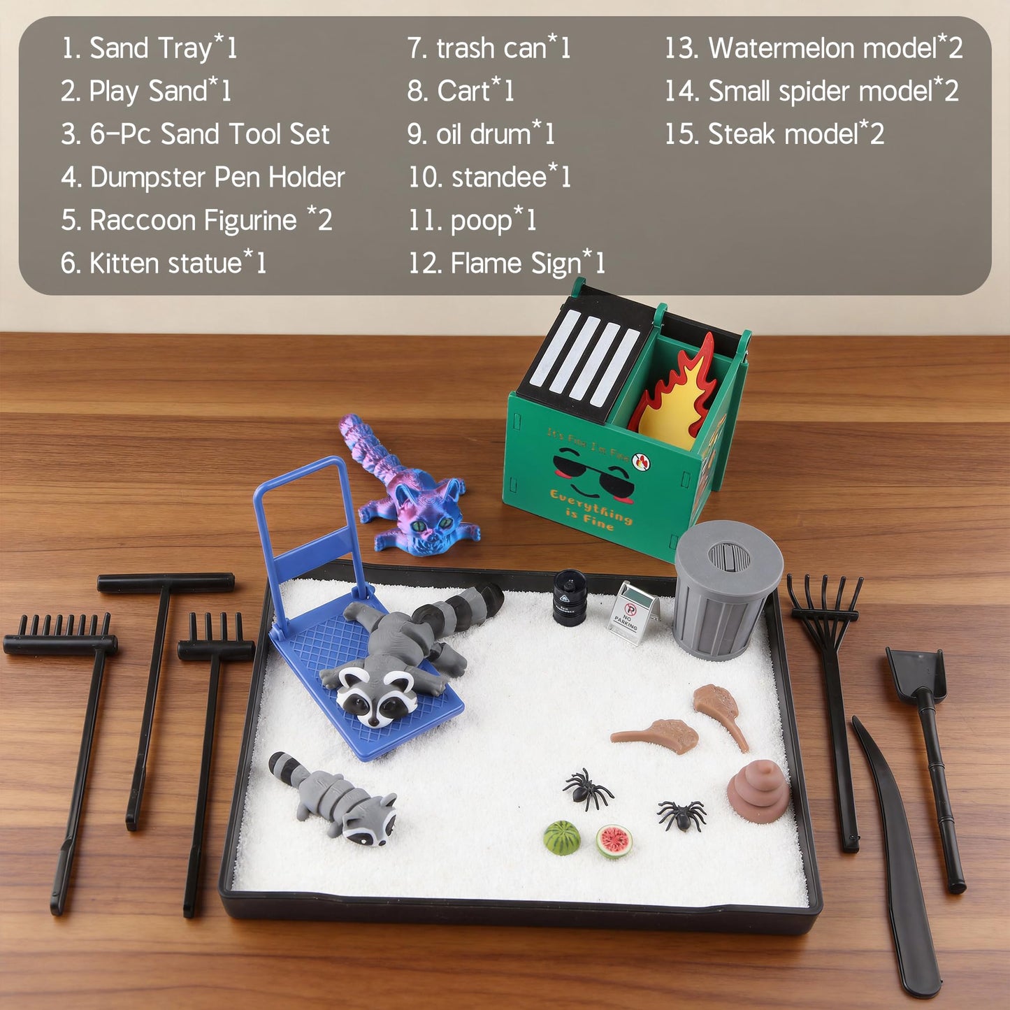 2026 New Dumpster Fire Zen Garden Desktop Kit with Raccoon Figurines - Funny Office Desk Accessory for Stress Relief, White Elephant Gifts, Coworker Gifts - Mini Sand Tray Therapy for Adults