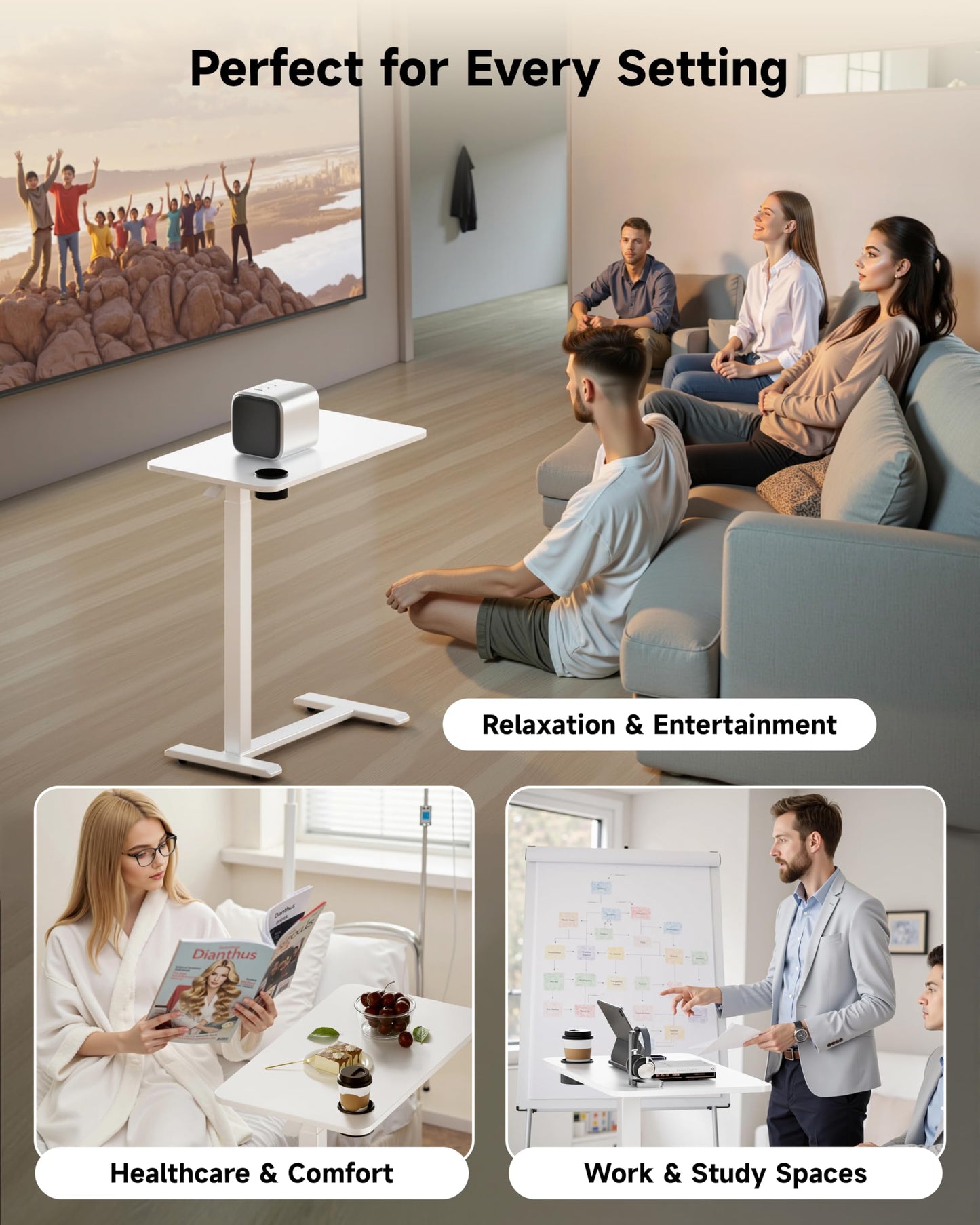BIZUM Adjustable Bedside Table with Swivel Hidden Wheels Pneumatic Rolling Desk Mobile Standing Desk with Cup Holder for Hospital Home(27.6"x15.8" White)