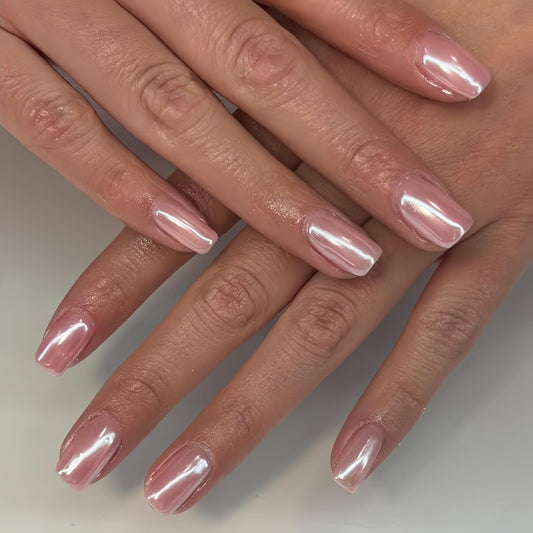 Bright Pink Press On Nails Short Medium - KQueenest Chrome Press On Nails Square, Sparkle Acrylic Fake Nails Press on Mirror Shine, Glazed Glue on Nails Short, Natural Stick On Nails for Women 24 Pcs