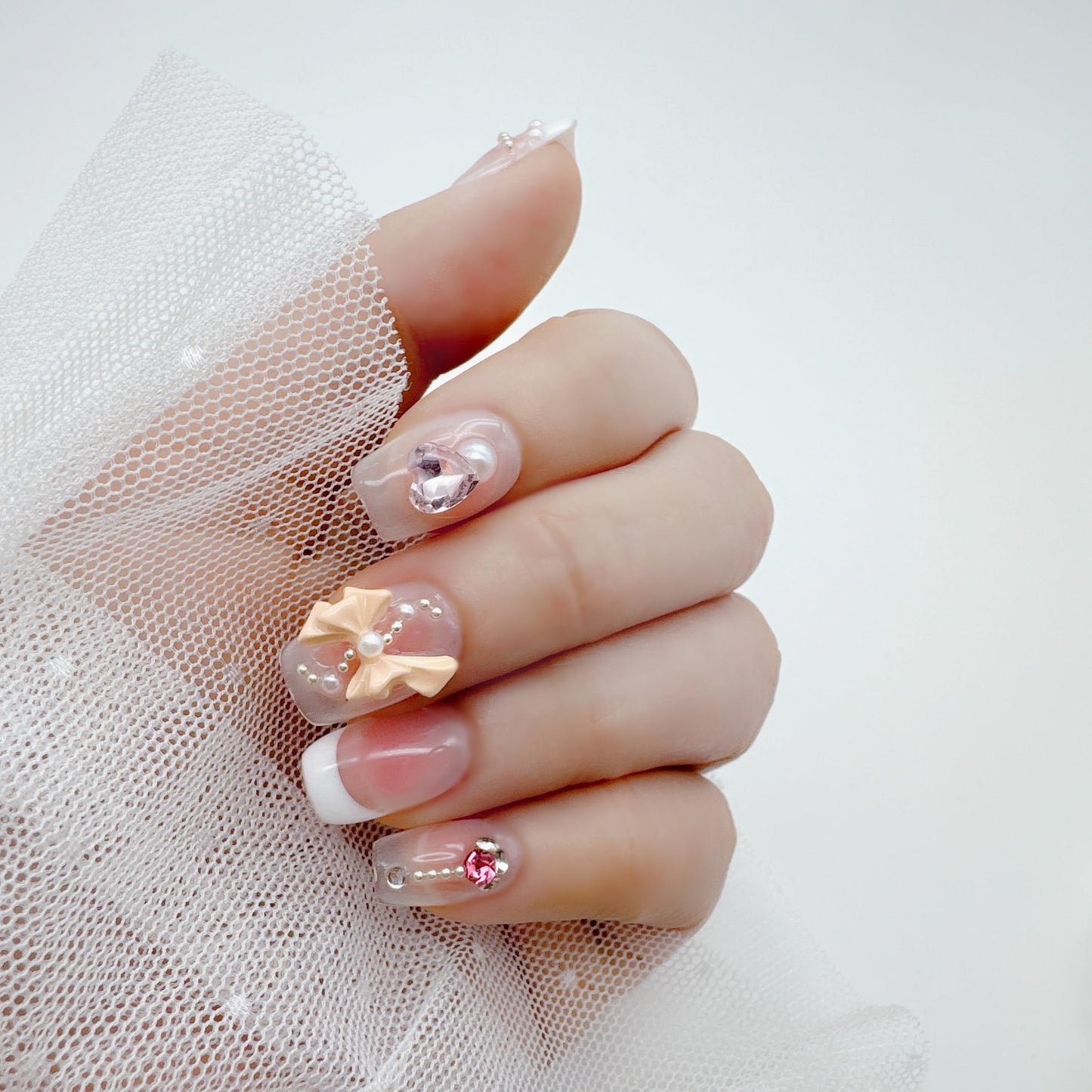 NLSJMP,10Pcs,Size M,French bow, Handmade Short Square Press on Nails French Tip,Ombre Acrylic Fake Nails Kit,Pearl Glitter Design 3D Nail Art Kit,Reusable False nails,Include Toolkit