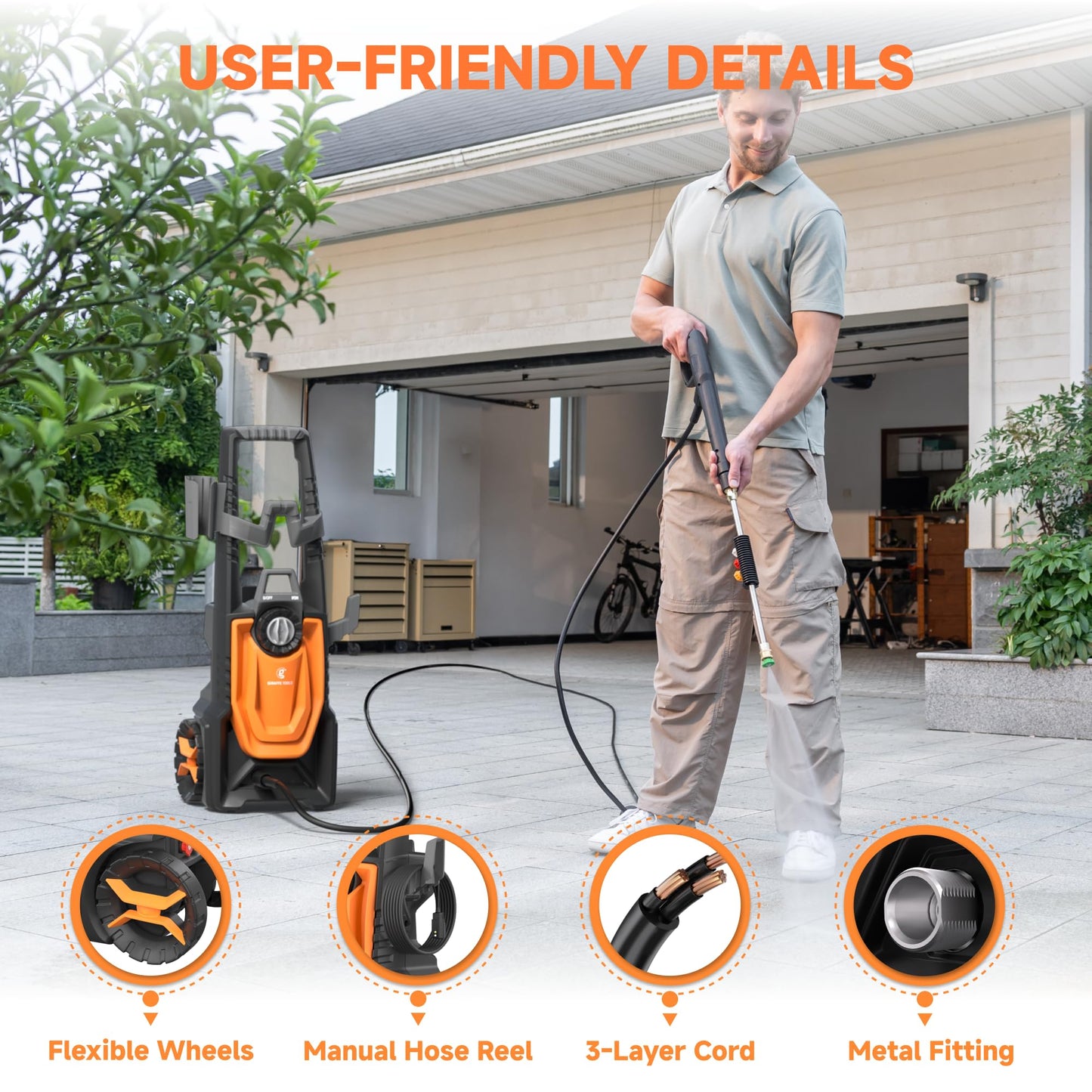 Giraffe Tools Pressure Washer, Max 2400 PSI, 2.3 GPM Electric Power Washer with 4 Quick-Connect Nozzles, Foam Cannon for Cars/Patios/Driveways/Fences