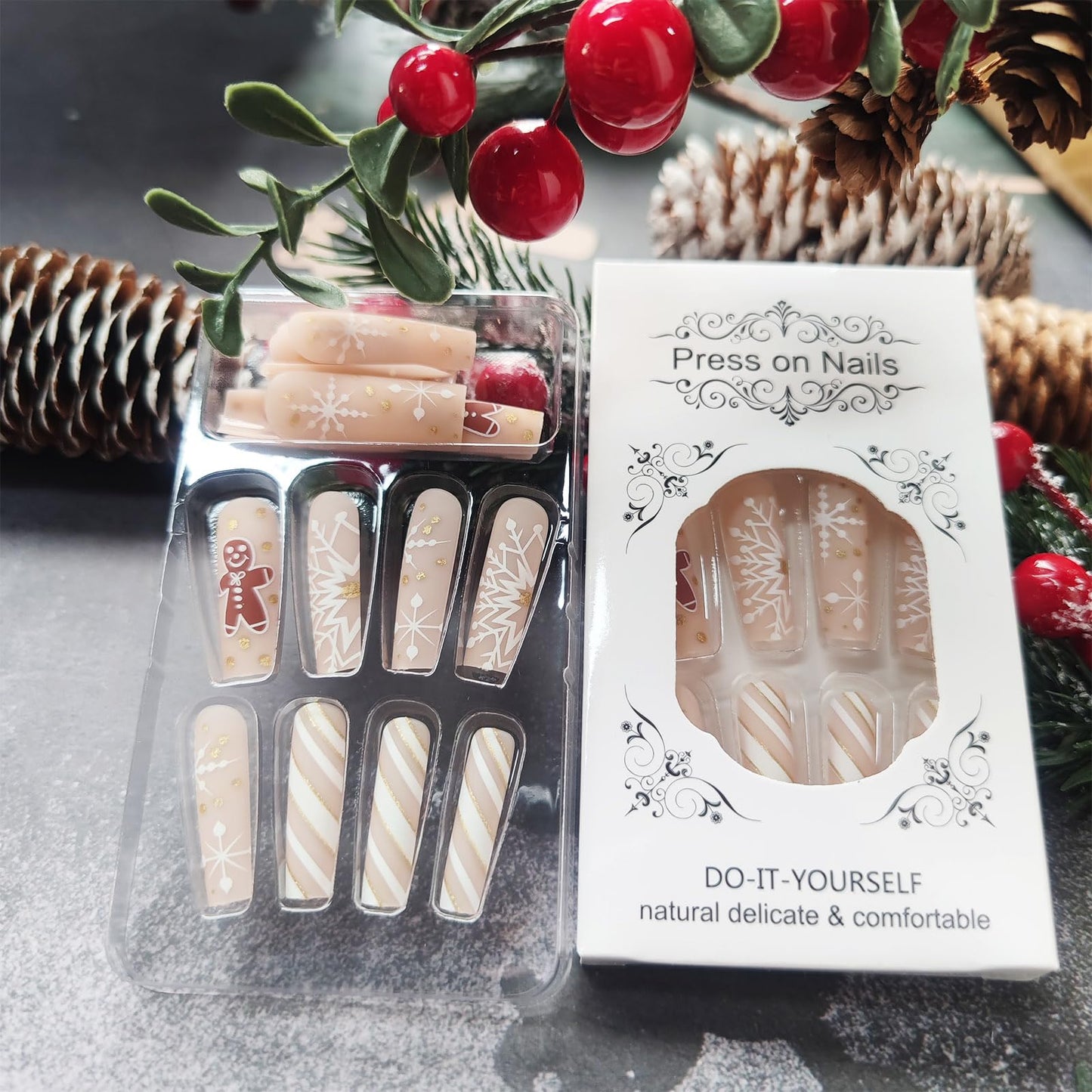 Cute Gingerbread Man Press on Nails Snowflake Stick on Fingernails Glossy Gold Glitter Acrylic Fake Nail Christmas Long Square False Nails 24Pcs Curve Line Gel Glue on Nail for Women Xmas Gift
