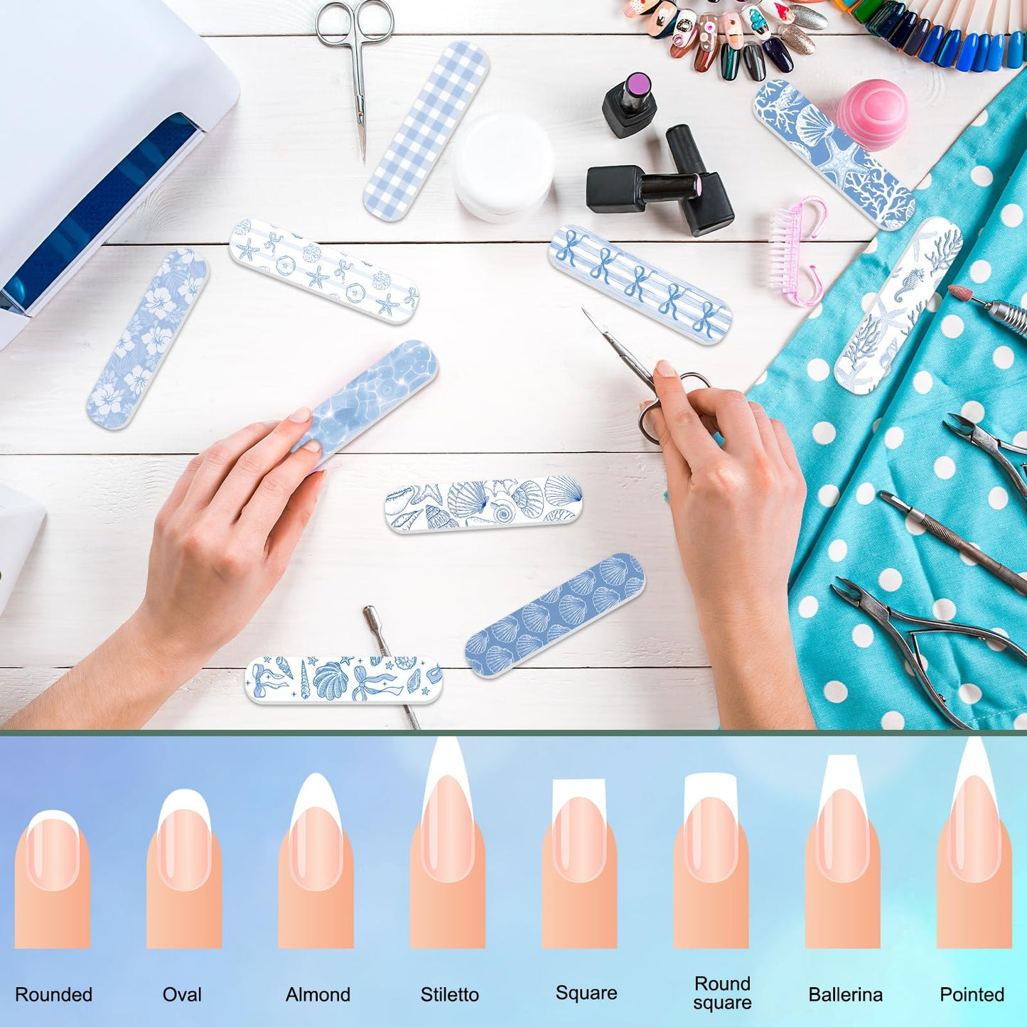 AnyDesign 50 Pcs Summer Nail Files Sea Seashell Coral Seahorse Double-Sided Emery Board Manicure Tools Ocean Blue Fingernails Shaping Buffing Smoothing Filers for Girl Women Gift Supplies