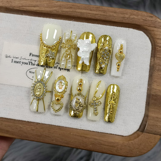 TENPAL Baroque Press on Nails Long Coffin 3D Embossed Pearl Cross Charm Luxury False Nails for Women Gold Glam Royal Cathedral Style Glue on Nails for Parties Holiday Events(M)