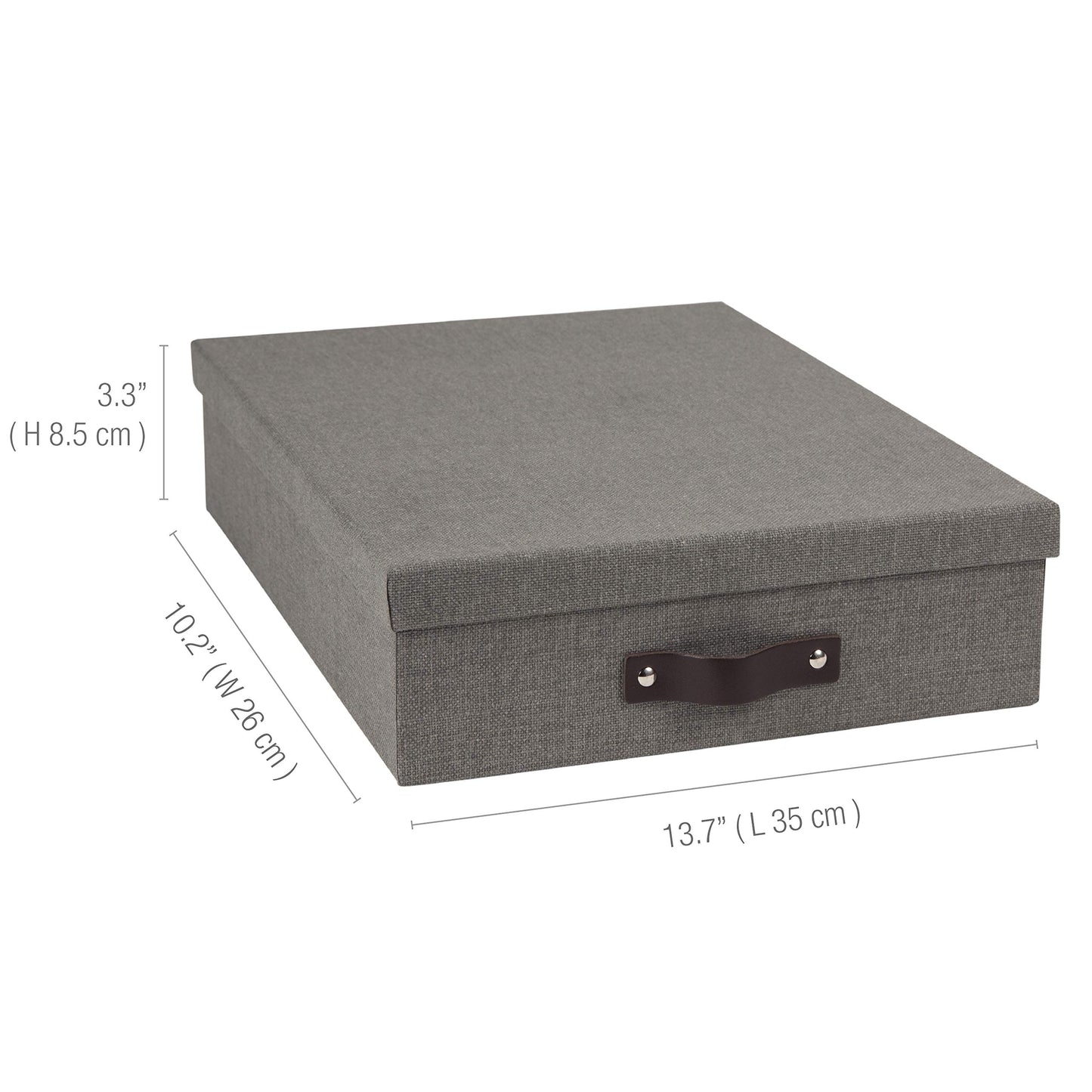 Bigso Oskar Canvas Fiberboard Document Letter Box - File Organizer Box for Important Paperwork - Document Storage with a Lid & Leather Handle - 3.3 in x 10.2 in x 13.8 in - Gray
