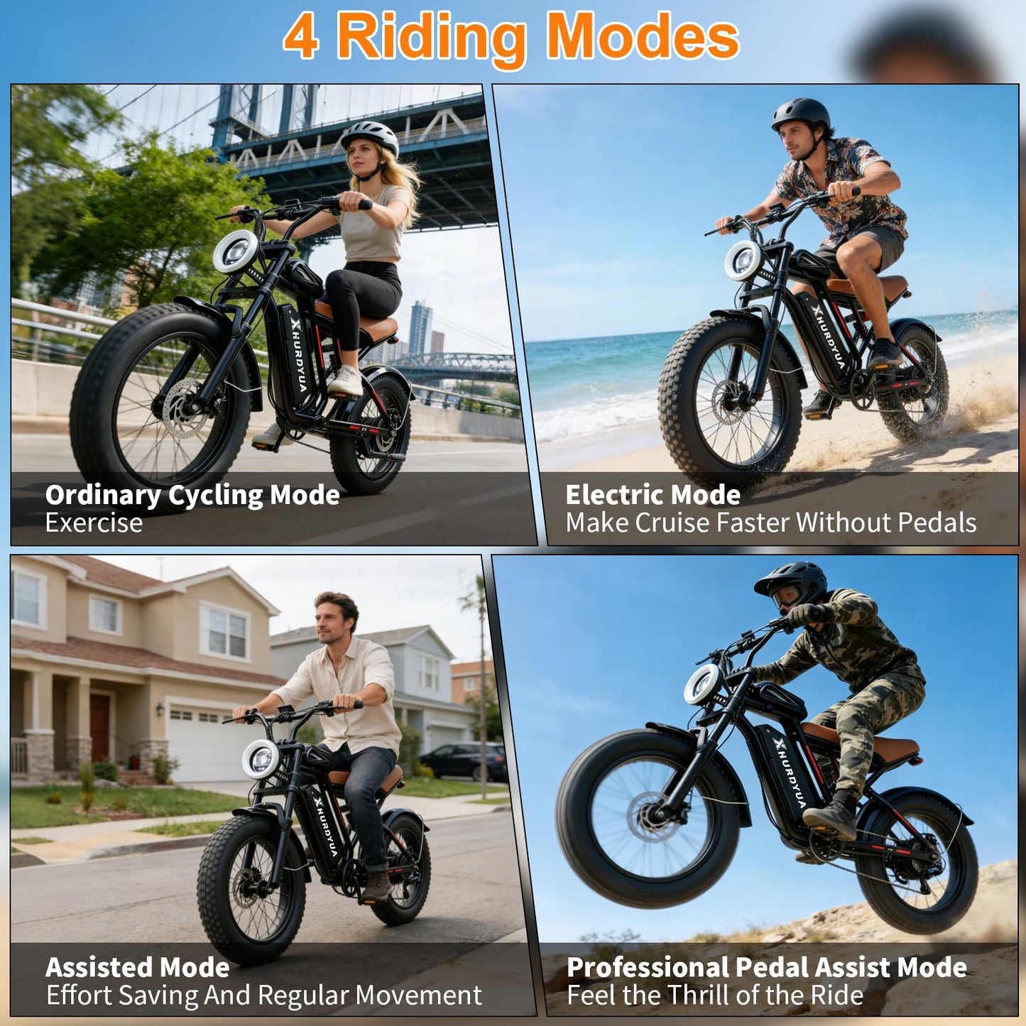 XHURDYUA Electric Bike for Adults,1500W Peak Motor&33MPH Electric Dirt Bike，48V 20AH Battery, 70Max Miles,Dual Suspension Ebikes for Adults, 20" Fat Tire E Bike（Black）