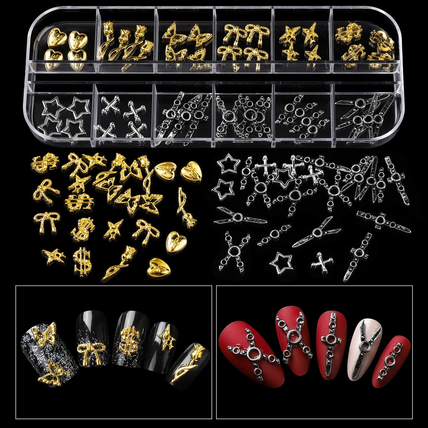 Teenitor Nail Charms and Gems with Nail Stickers, 6 Boxes Silver & Gold Nail Gems and Rhinestones Kit for Women, 3D Nail Art Rhinestones Nail Pearls, Caviar Beads for Nails,Y2K & Cross Nail Charms