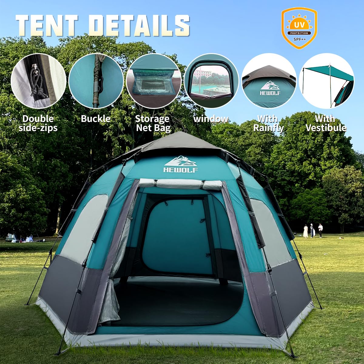 Hewolf 2/3/4 Person Camping Tent - Instant Pop Up Waterproof 2 Doors Tent with Easy Setup | 3-Season Hexagonal Dome Design for Family, Hiking & Traveling (Blue)