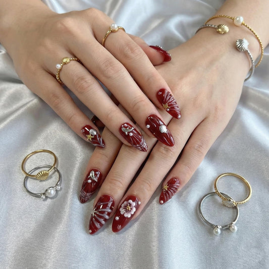 Almond Press on Nails Medium Fake Nails Brown Artificial Nail Seeneey 3D Flowers Pearl Gold Charm Designs Beach Stick on Nail for Women 30pcs