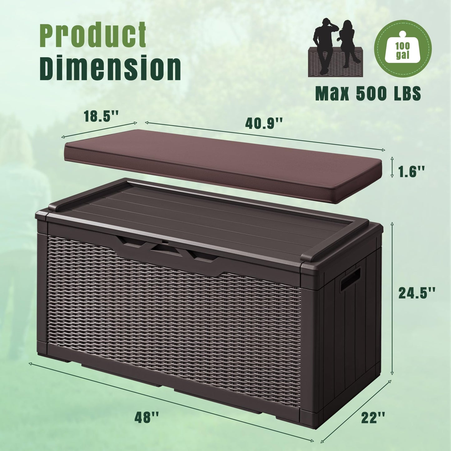 Greesum 100 Gallon Resin Deck Box Large Outdoor Storage with Cushions for Patio Furniture, Garden Tools, Pool Supplies, Weatherproof and UV Resistant, Lockable, Dark Brown