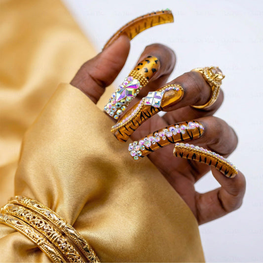 IntoVibes Leopard Cat Eye Rhinestone Press On Nails Handmade Curved Down Groove Design, Gold Metallic Long Nails with 3D AB Crystals, Heavy Detail Luxury Fake Nail Tips, Square Acrylic Nails (M)