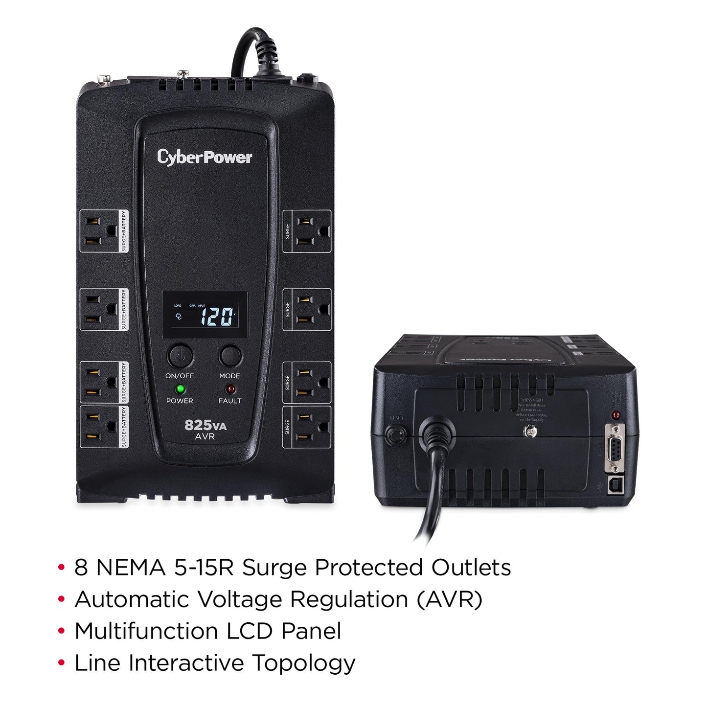 CyberPower CP825AVRLCD Intelligent LCD UPS Battery Backup and Surge Protector, 825VA/450W, 8 Outlets, AVR, Compact, UL Certified
