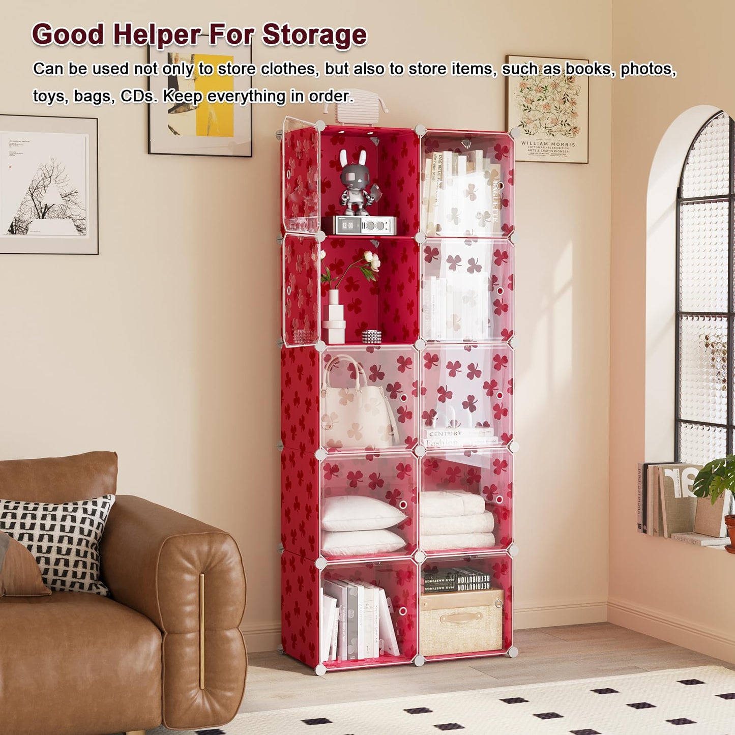 C&AHOME Cube Storage Organizer with Doors, 10-Cube Shelves, DIY Plastic Modular Bookshelf, Closet Clothes Storage Shelving Ideal for Bedroom, Living Room, Clover Embossed, Red