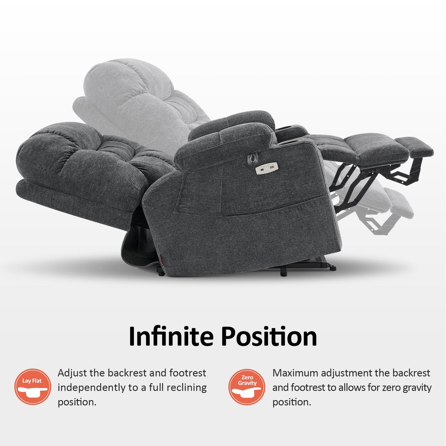 MCombo Dual Motor Power Lift Recliner Chair with Massage and Dual Heating for Elderly, Lay-Flat for Sleeping, Extra Wide for Big and Tall, Fabric R7070 (Dark Grey)
