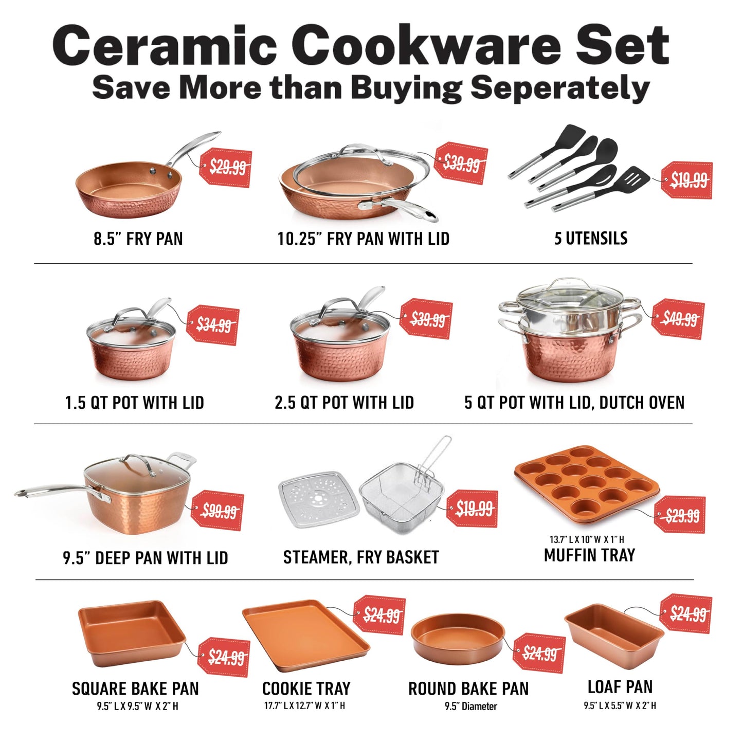 Gotham Steel Hammered 24 Pc Ceramic Cookware Set Nonstick, Induction Ceramic Pots and Pans Set Non Stick with Deep Square Pan Set & Bakeware Set, Non Toxic PFOA PFOS Free, Oven & Dishwasher Safe