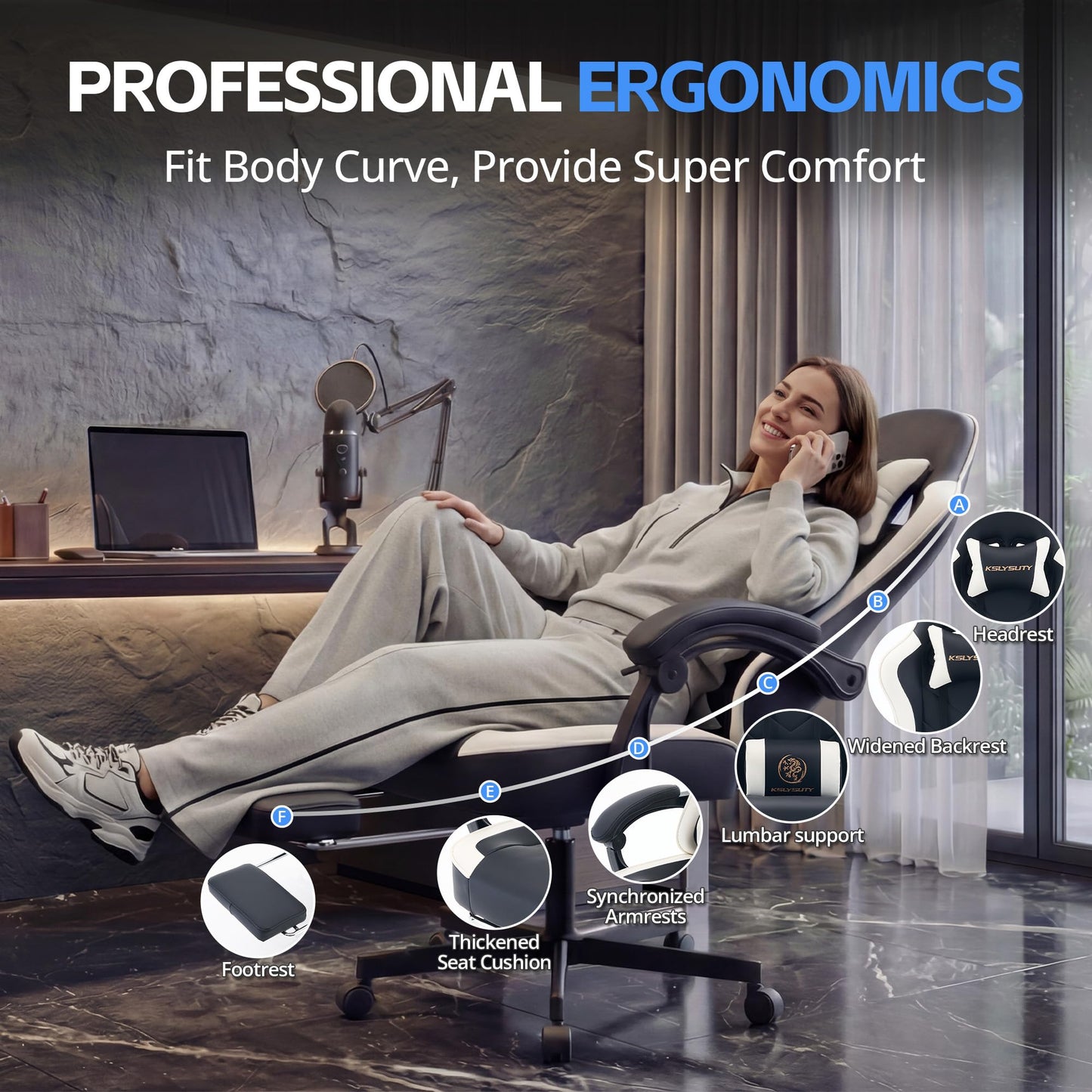 Kslysuty Desk Computer Gaming Chair - High Back Ergonomic Office Chair with Footrest and Lumbar Support, Swivel Comfy Home Gamer Video Game Chairs with Pocket Spring Cushion for Adults (White Leather)
