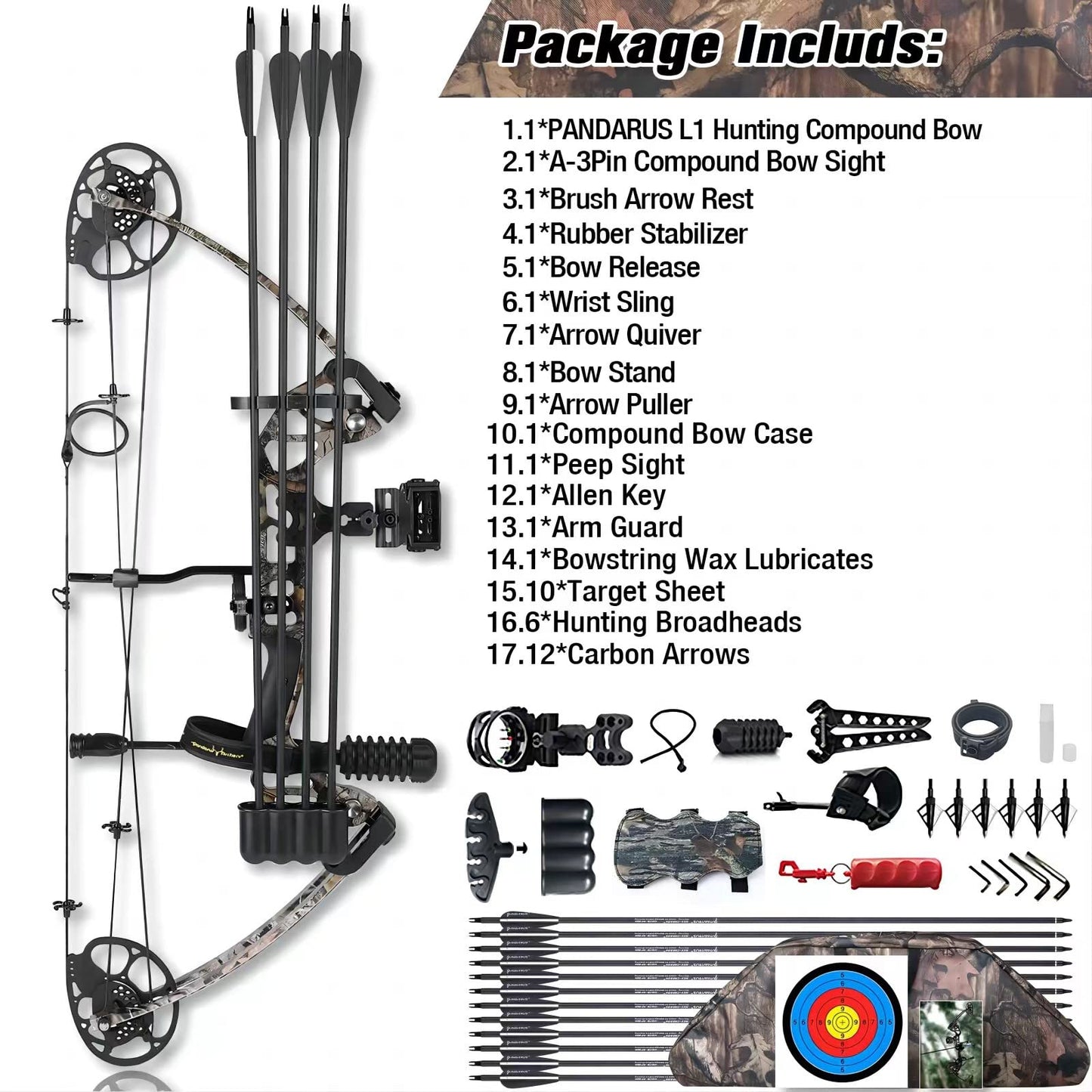 PANDARUS Compound Bow Draw Weight 0-70 Lbs for Pull Beginner and Intermediate Archer Fully Adjustable 19.25"-31" with All Accessories, up to IBO 320 fps New 2024(Black Left Handed Bag)