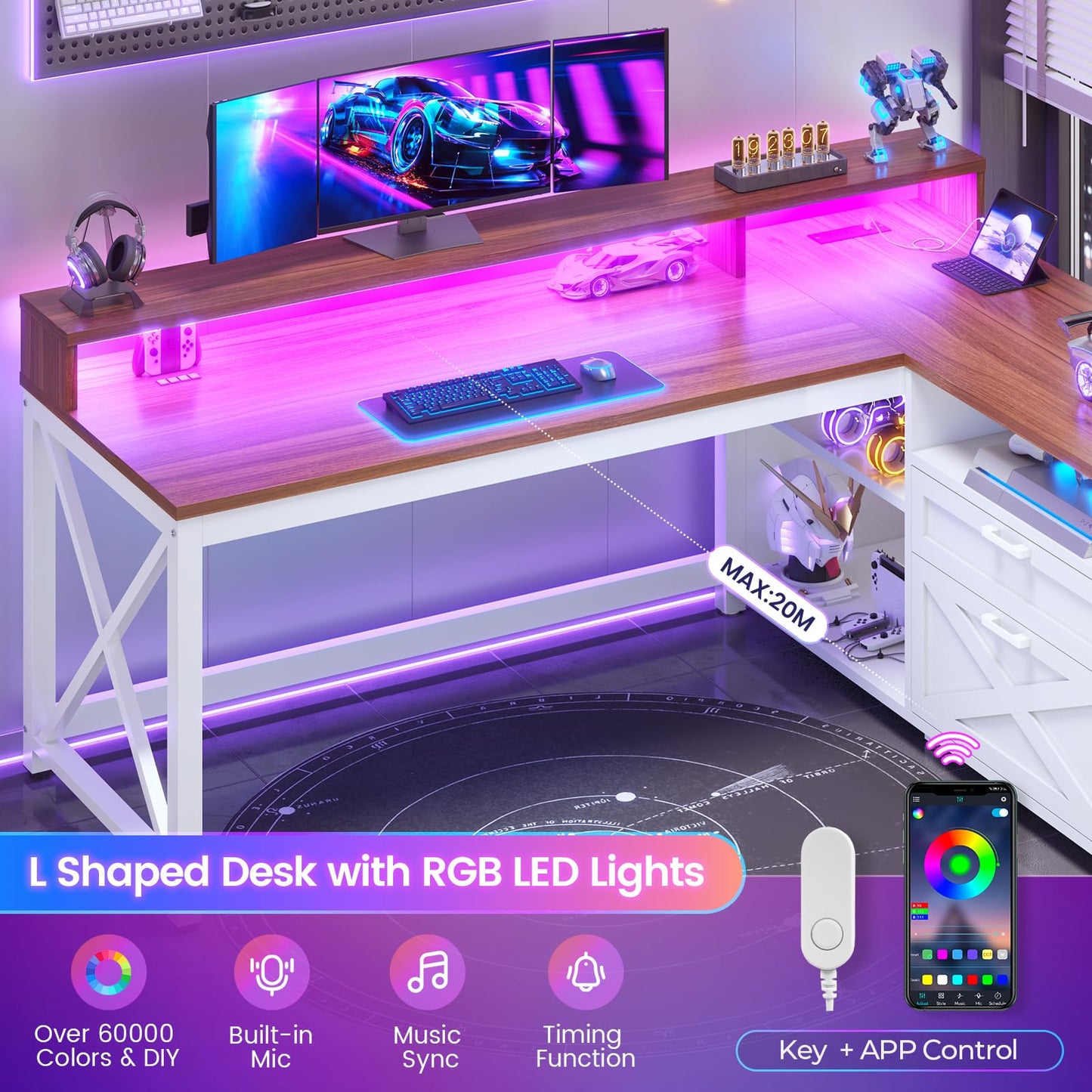 SEDETA Farmhouse L Shaped Desk, 55" Home Office Desk with Drawers and Storage Shelves, L Shaped Gaming Desk with LED Lights, Power Outlet and Monitor Shelf, Brown