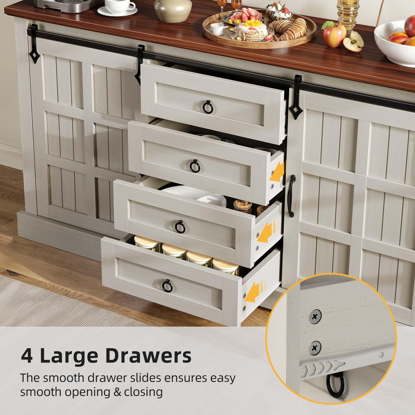 DWVO 59" Sideboard Buffet Cabinet with Storage, Kitchen Storage Cabinet with Sliding Barn Doors and 4 Drawers for Living Room/Kitchen, White Oak