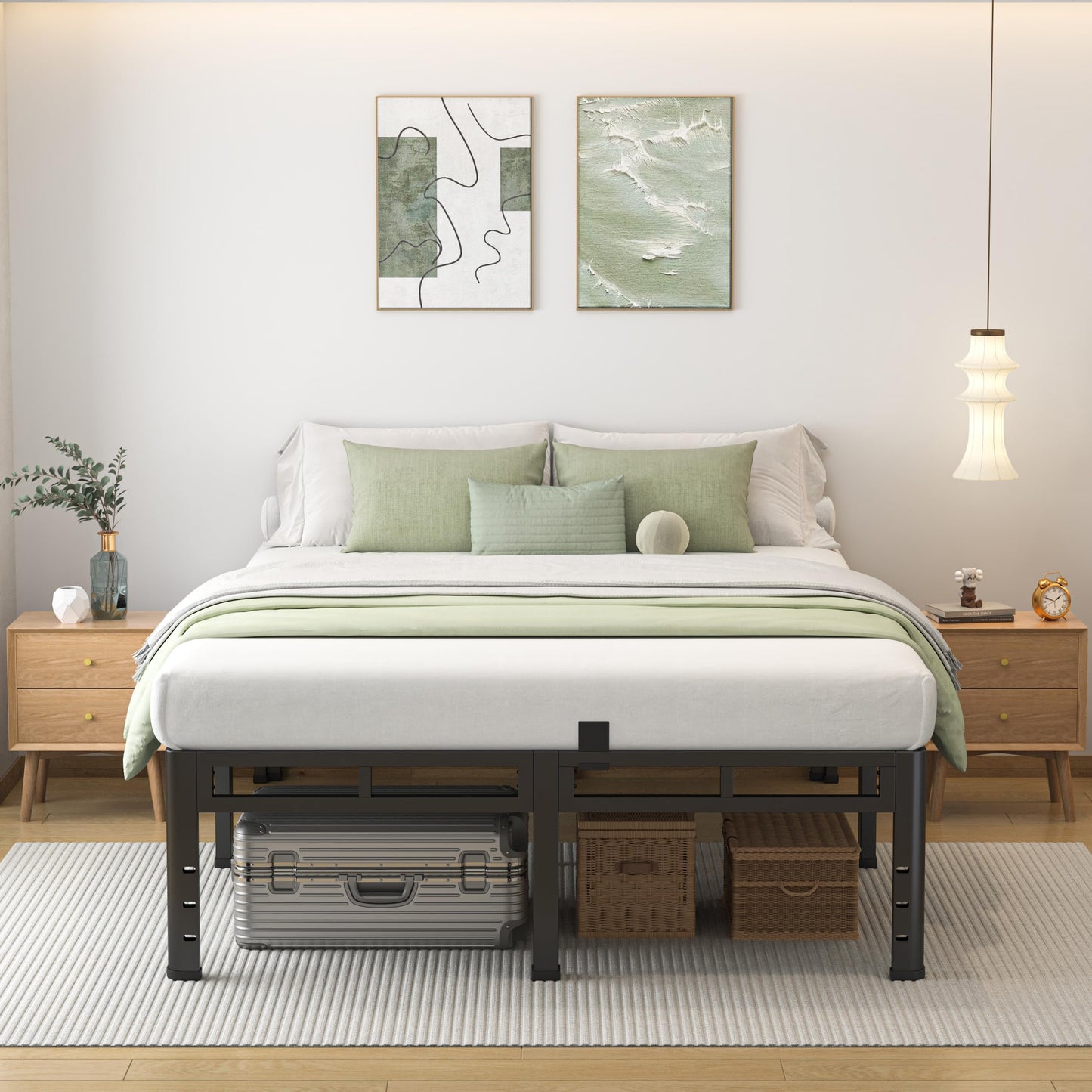 NKZ Queen Size Bed Frame 14 Inch, Metal Bed Frame & Box Spring 2 in 1 Platform with Round Corner Legs, 4000lbs Weight Capacity Reinforced Metal Frame, Headboard Hole, Noise-Free, Easy Assembly
