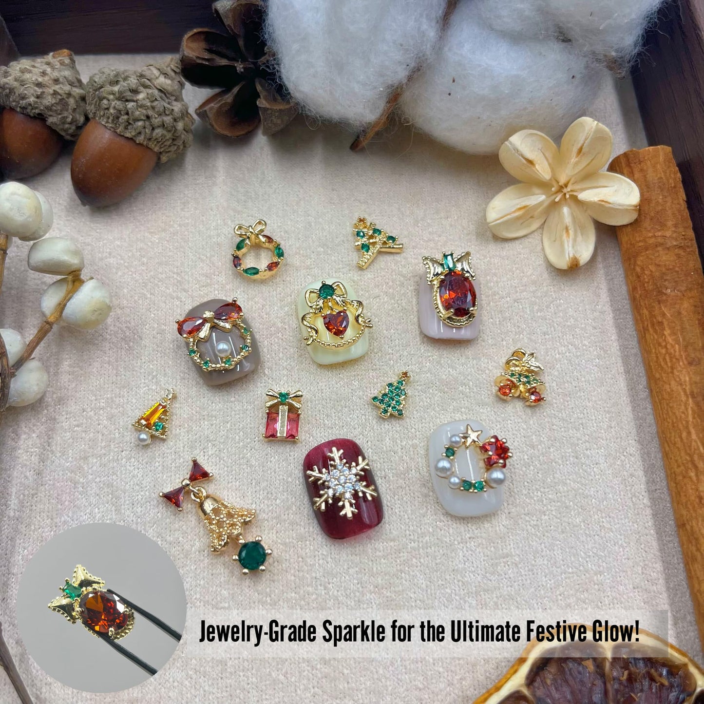 12PCS Christmas Nail Art Charms - Natural Zircon Gems with 3D Alloy Mix Shapes, Luxury Rhinestones & Crystal Diamonds for Shiny Winter Holiday Nail Decorations