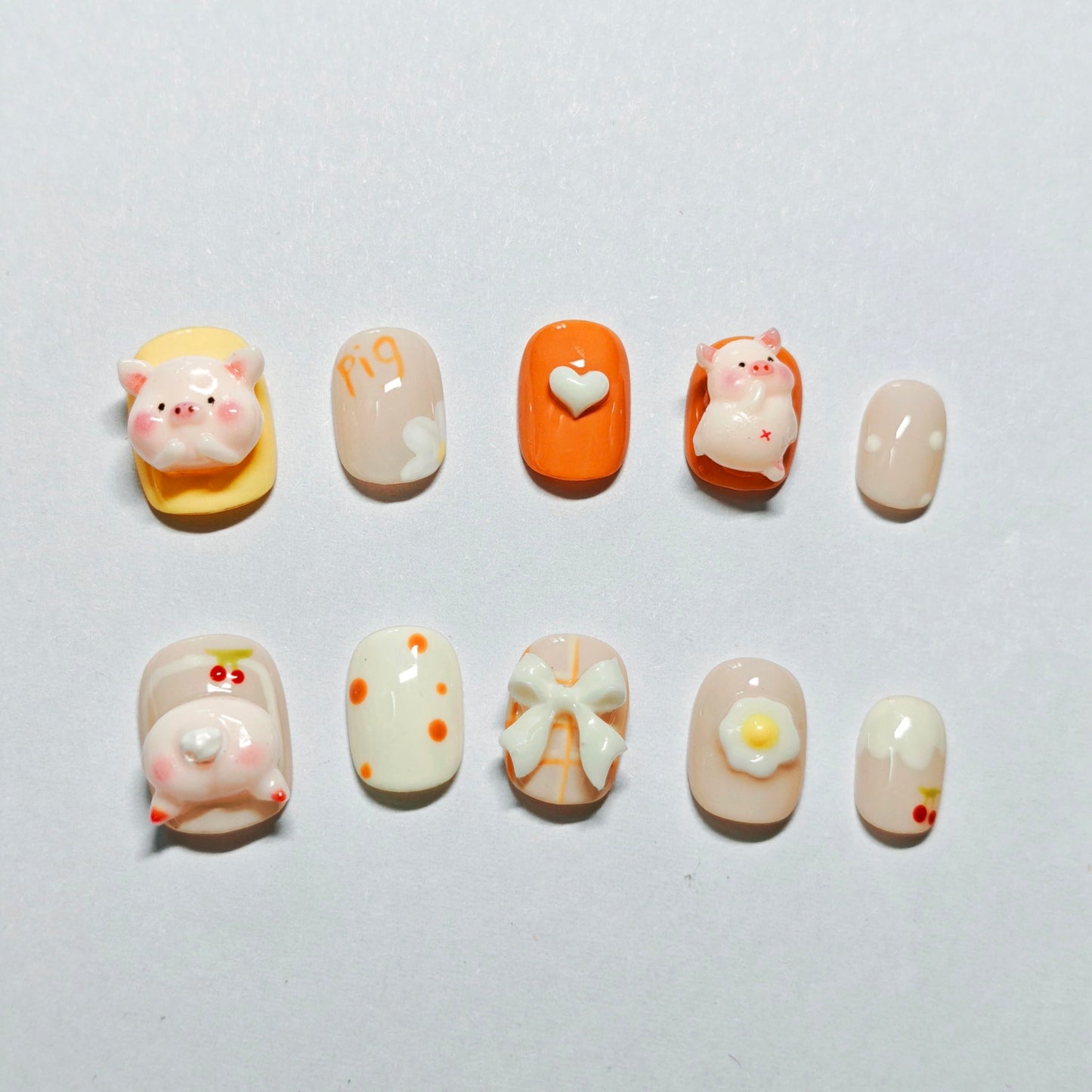 Avilux Press On Nails – Handmade, Reusable, 3D Designer Nail Art, 10Pcs Fake Nails for Women and Girls, Perfect for Holidays, Parties & Gifts (Cute Pig, Medium)