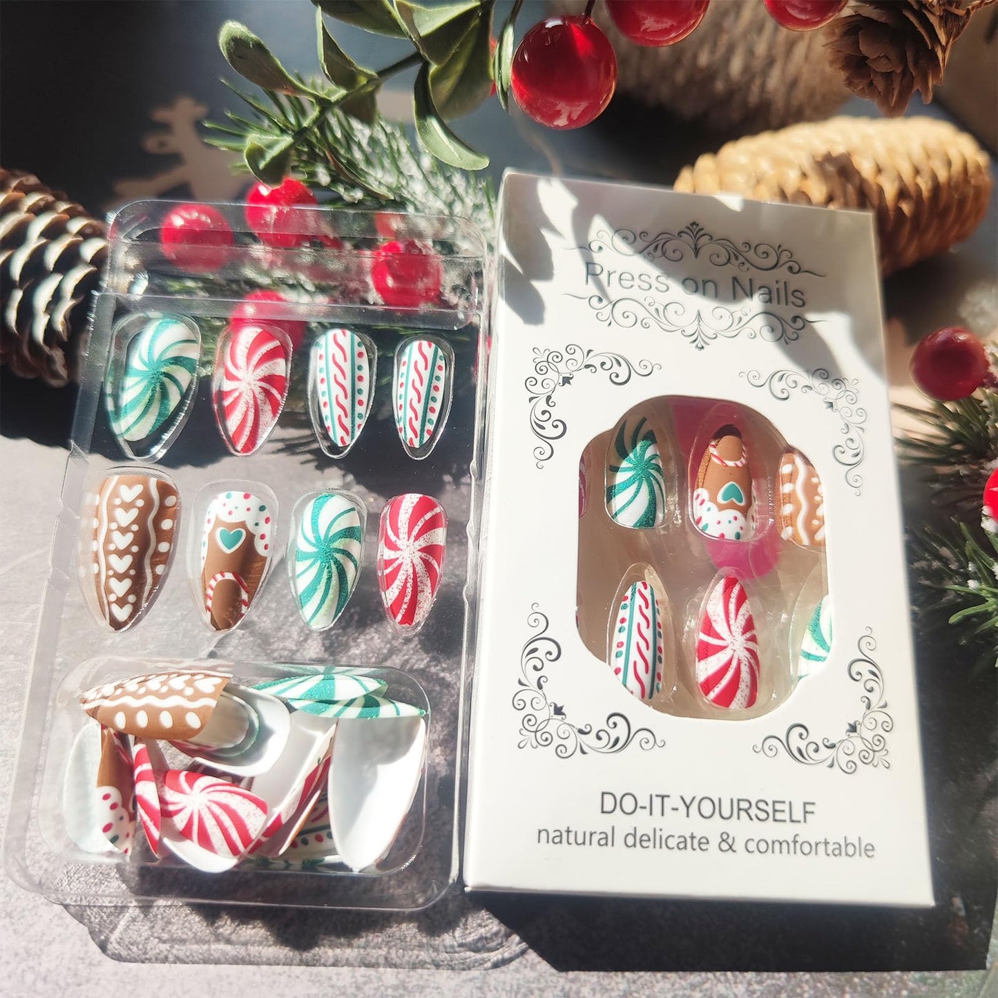 Christmas Press on Nails Swirl Medium Almond False Nails 24Pcs Love Heart Gel Glue on Nail Glossy Green Glitter Acrylic Fake Nail Candy Cane Stick on Fingernails for Women Xmas Gift