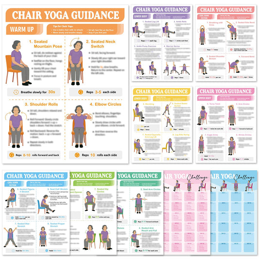 10Pcs Chair Yoga Poster for Seniors Beginners-Set of 8 Illustrated Guides & 2 30-Day Challenges Stretching and Gentle Chair Yoga Chart Wall Art For Balance Flexibility Weight Loss(11 x 8.7 Inch）