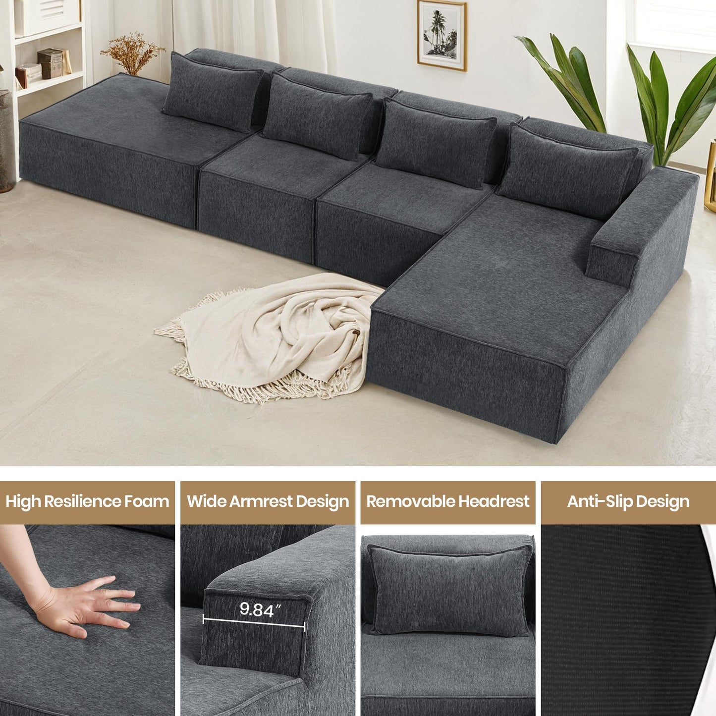 VIKAYAMICS 140" Modular Sectional Sofa, U-Shaped Cloud Couch with Extra Long Chaise Lounge, Oversized Chenille Boneless Sofa Set for Living Room, Comfy Floor Seating, No Assembly Required