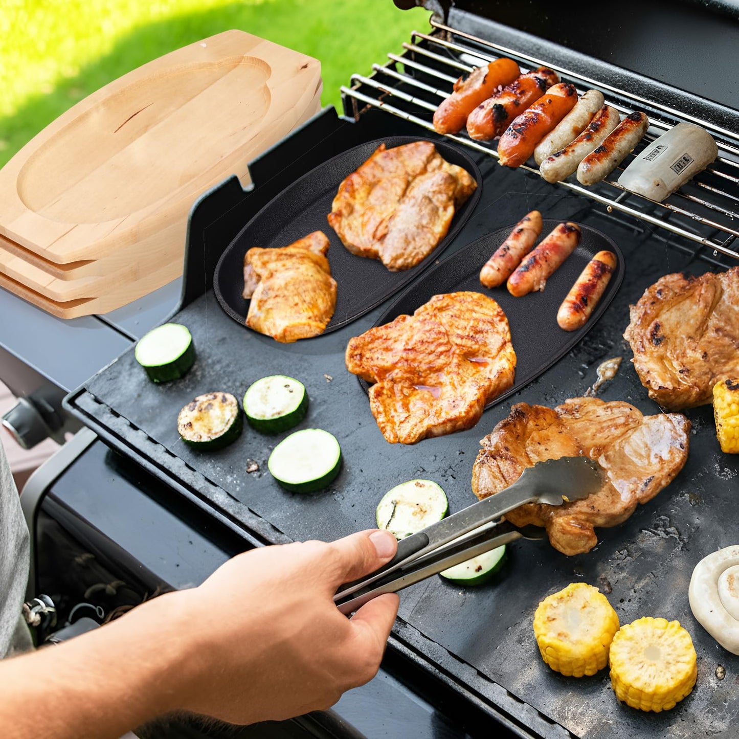 Mifoci 20 Pieces Oval Cast Iron Fajita Skillet Pan Set Small Sizzling Steak Plate with Wooden Base and Handle Cast Iron Fajita Skillet Sizzling Plate for Home, Restaurant, Kitchen, BBQ, Wedding
