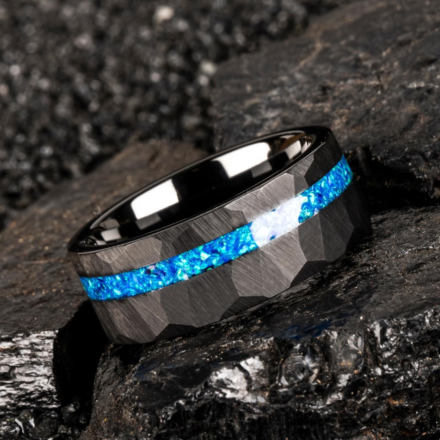 JEWPER 8mm Men Womens Wedding Band Tungsten Rings Black Blue Hammer pattern Fashion Promise Carbide Inlaid Opal Matte Finish Edge Comfort Fit Size(9)