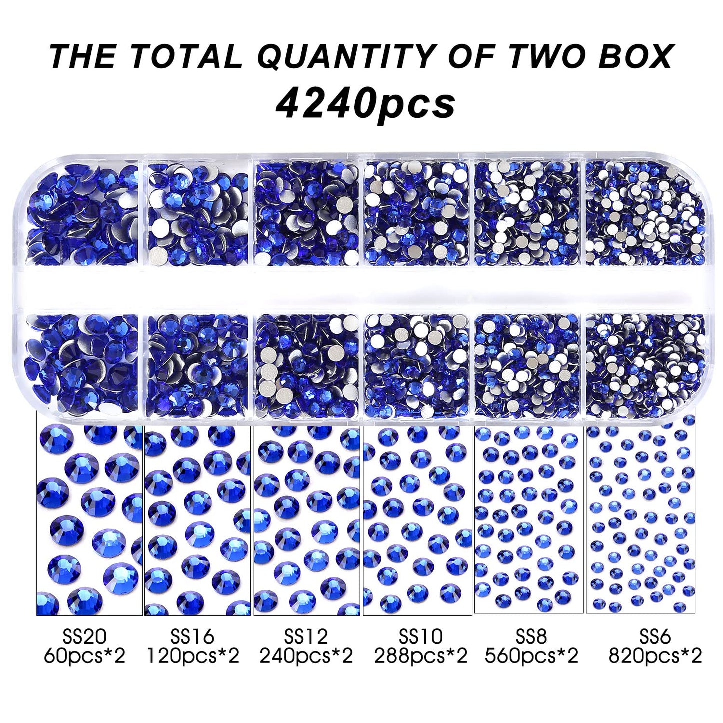 Meibite Royal Blue Glass Flatback Rhinestones for Nails, Crafts & Clothes – 4240PCS 6 Sizes (SS6–SS20) Crystal Gems Kit with Tweezers & Picker, Non Hotfix DIY Rhinestones for Tumblers, Nail Art