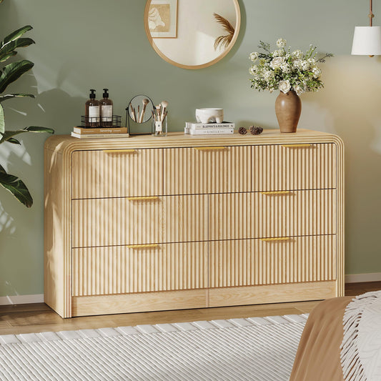 Decofy Fluted Drawers Dresser for Bedroom, Wood Dressers with Gold Handles, Modern Dressers with Wave Texture, Large Storage Chest of Drawers, Bedroom Dresser Organizer 55'' & 7 Drawers (Natural Oak)