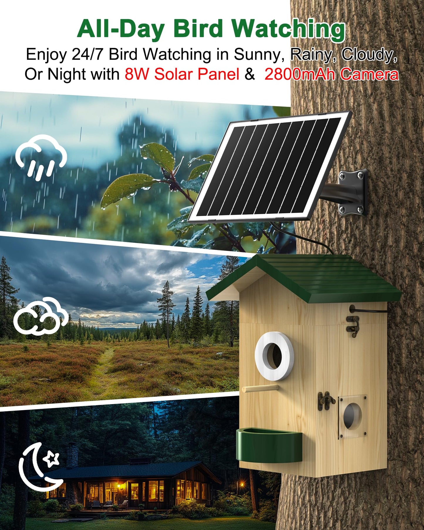 Smart Bird House with Camera Solar Powered, 2K HD Wi-Fi Bird Watching Camera for Birdhouse, Auto Detect & Notify, Night Vision, APP Control, Wooden Birdhouse with Camera Inside（Feeder）