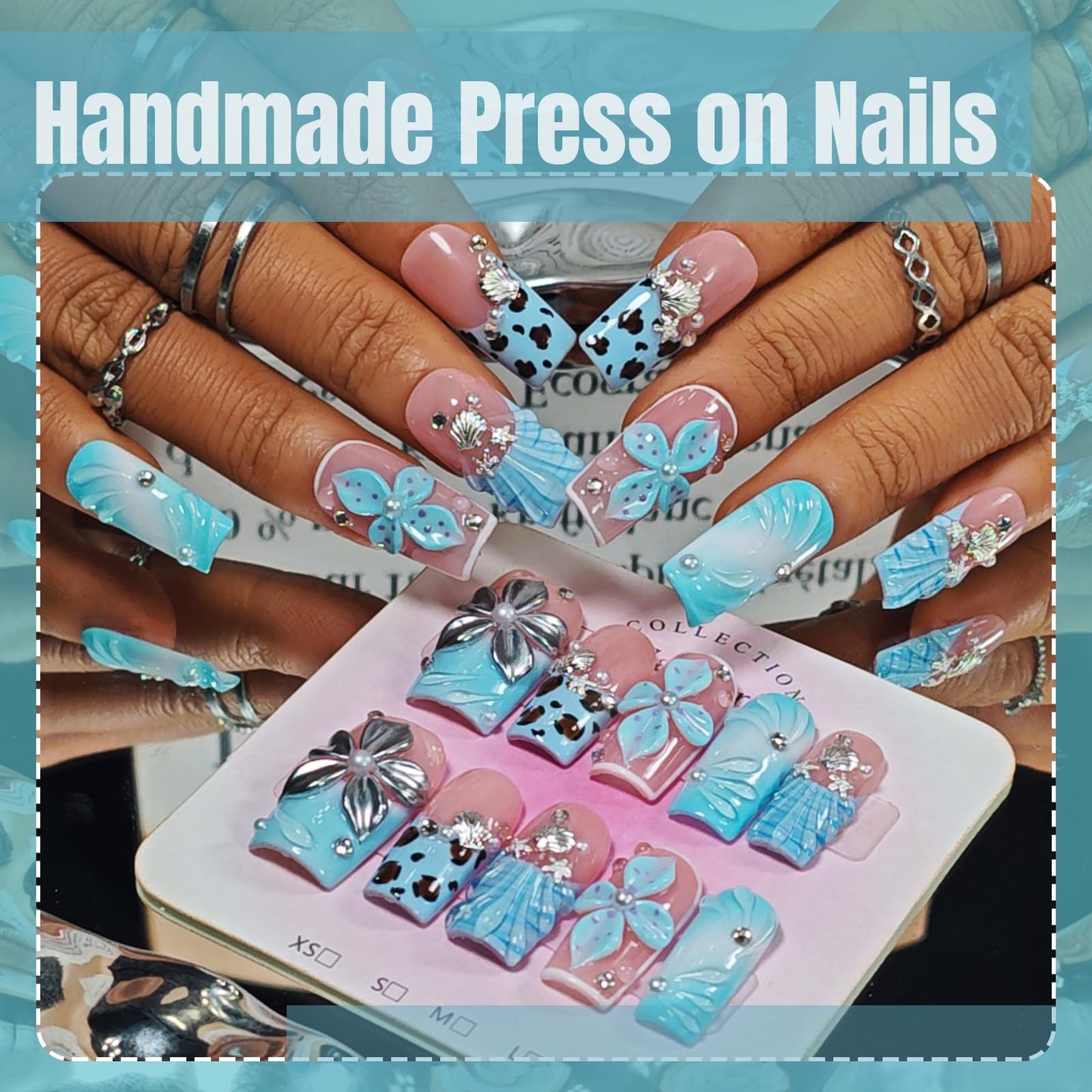 Handmade Press On Nails Square, Blue Press On Nails Medium, 3D Acrylic Nails French Tip Silver Flower Shell Leopard For Women Gift, Reusable Stick On Fake Nails Kit With Nail Glue(Tidal Blossom-S)