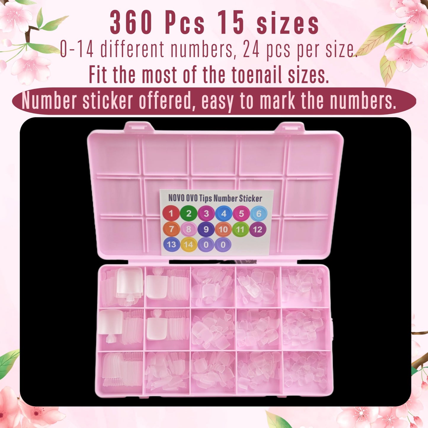 NOVO OVO Sharp Square Toe Nail Tips Press on Full cover, Soft Gel False Toenail Extension Kit, Clear Double Matte Long/Medium Wide Fake Toenails for Salon DIY Acrylic Pedicure x 15 Sizes 360 Pcs