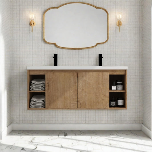 Trygoal Floating Bathroom Vanity, 48" Bathroom Storage Cabinet with Double Resin Sinks, 2 Soft-Close Doors & 4 Open Storage Shelves, Modern Wall-Mounted Vanity with 45° Bevel Handles, Oak