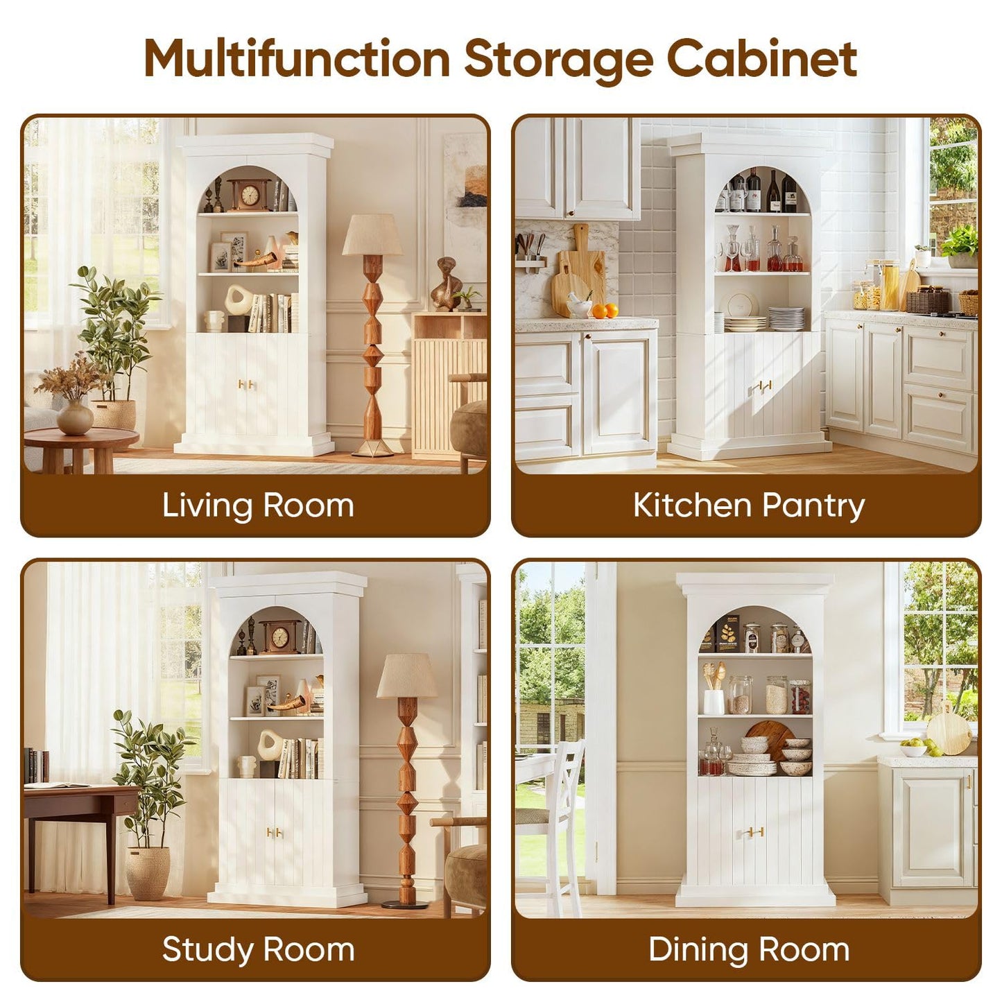 Myricore 71" Arched Kitchen Pantry Cabinet, Tall Half Open Storage Cabinet with Drawers, Modern Display Hutch for Dining Room, Living Room, White with Gold Handles, 3 of Set