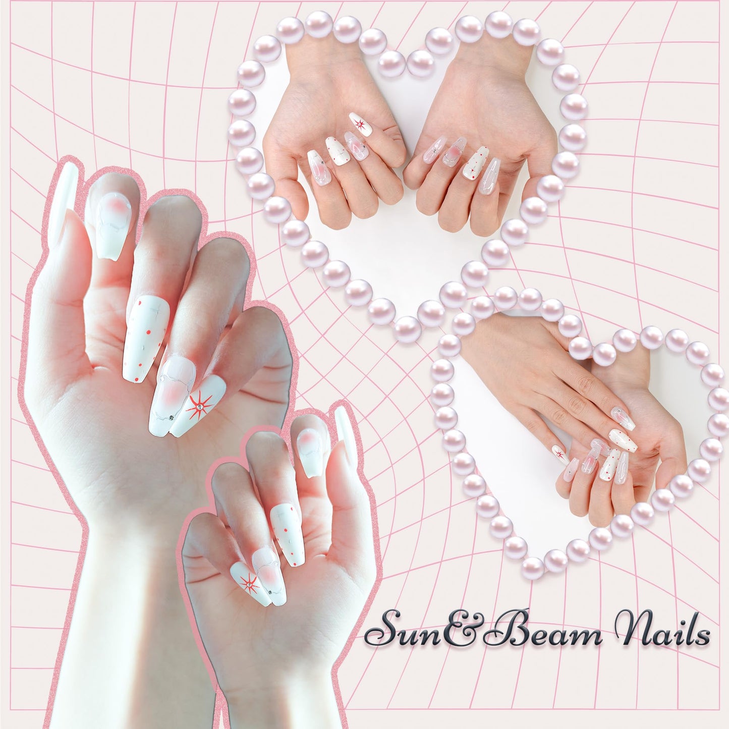 Sun&Beam Nails Handmade Press-on Medium Coffin Ballerina Silver Pink White Dot Ombre Rhinestone Design Fashion False Nail Tips 10 Pcs Set (#180 M)