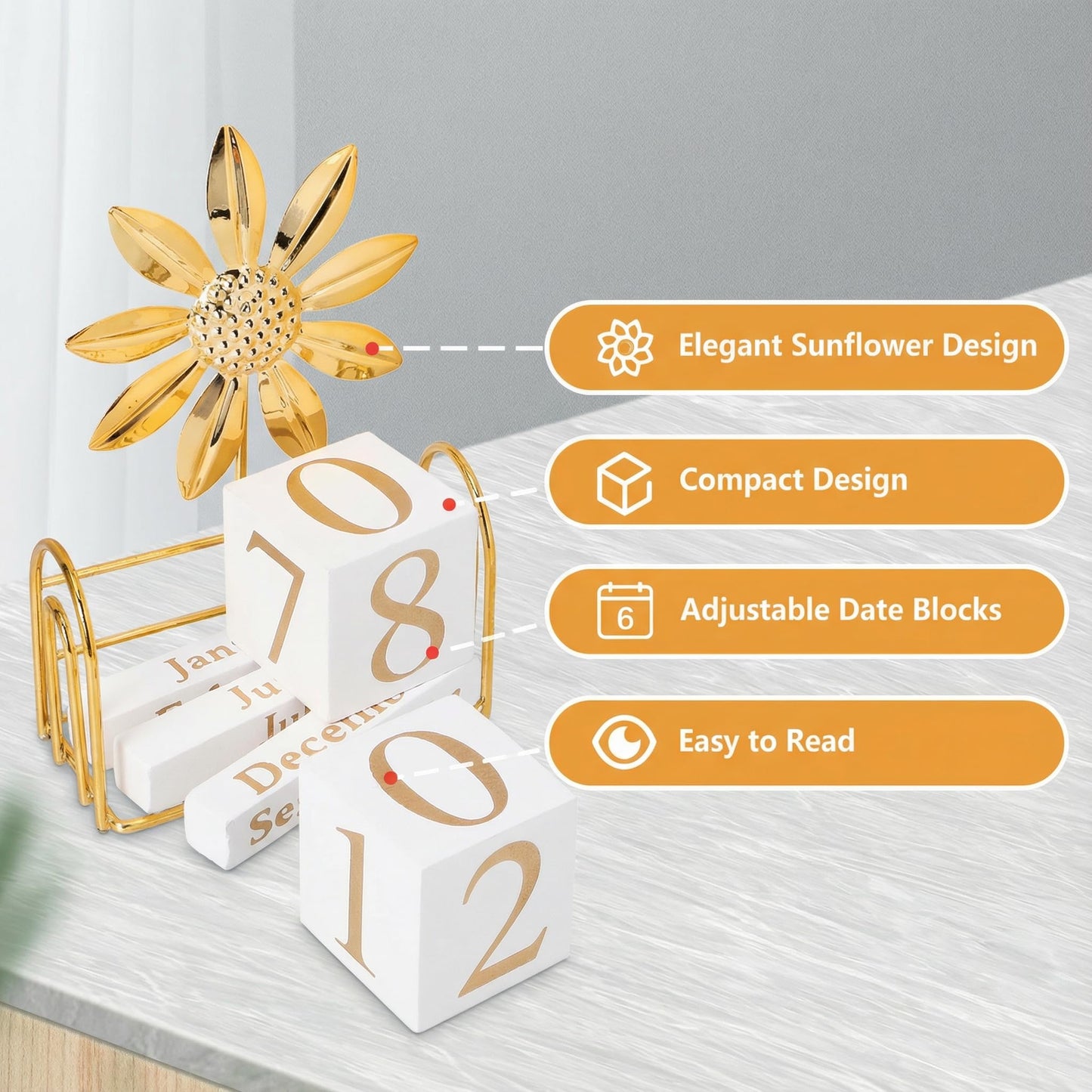 SUPVOX Wooden Perpetual Calendar Blocks for Desk, Office, Home Decor, Adjustable Wood Month Date Display Blocks, Sunflower Design, 4.72 X 3.54 X 1.57 Inches